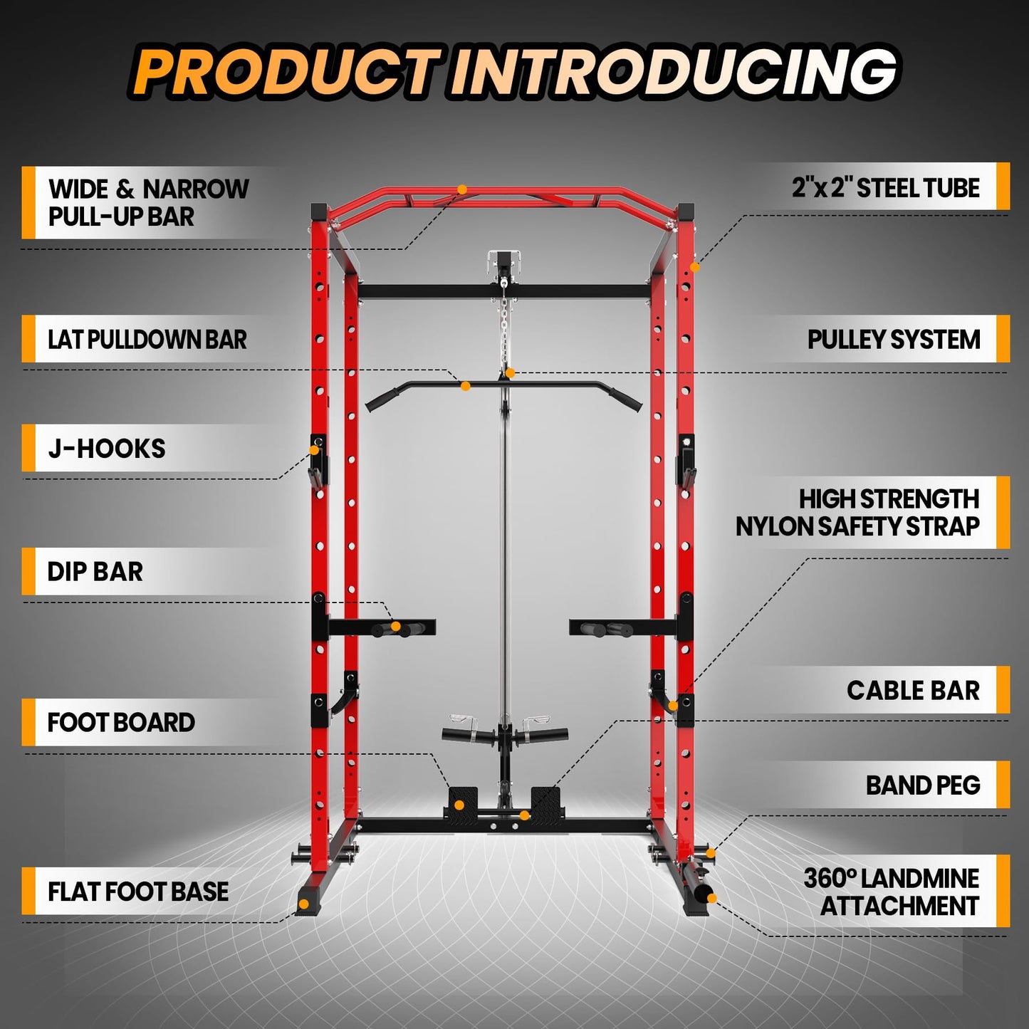 Power Cage with LAT Pulldown, Multi-Functional Power Rack with Cable Pulley System and J-Hooks, Squat Rack with Dip Bars and Landmine Attachment, Weight Cage for Home Gym Equipment (Black/Red)