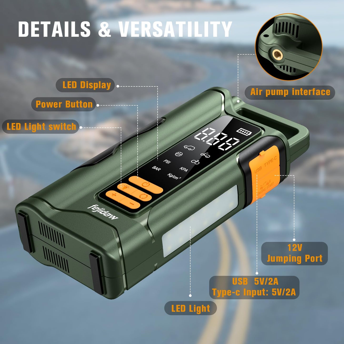 Jump Starter with Air Compressor,6000A Car Battery Jumper Starter, 20000mAh Battery Jumper Starter Portable for 10L Gas/Diesel Engine with 160PSI Booster,LED Display & Light,Jumper Cables