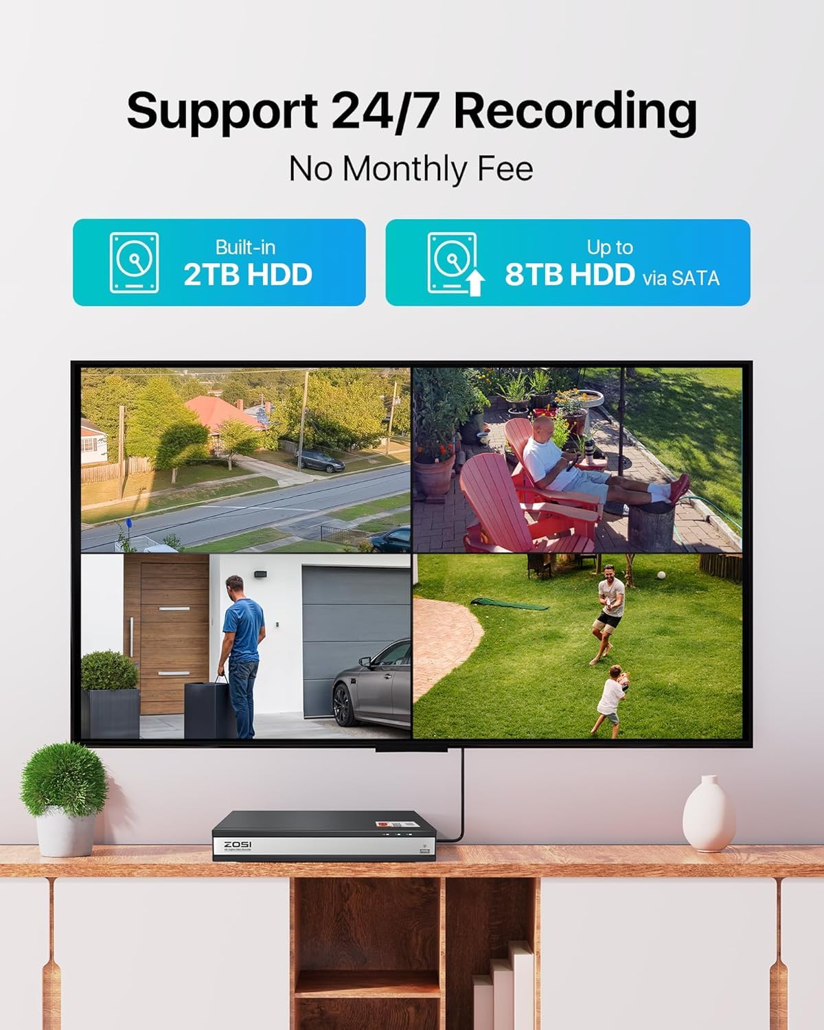 ZOSI 16CH H.265+ 1080P Home Security Camera System with AI Human/Vehicle Detection,8pcs 2.0MP Indoor Outdoor CCTV Bullet Dome Cameras,80ft Night Vision,16 Channel DVR with 2TB HDD for 24/7 Recording