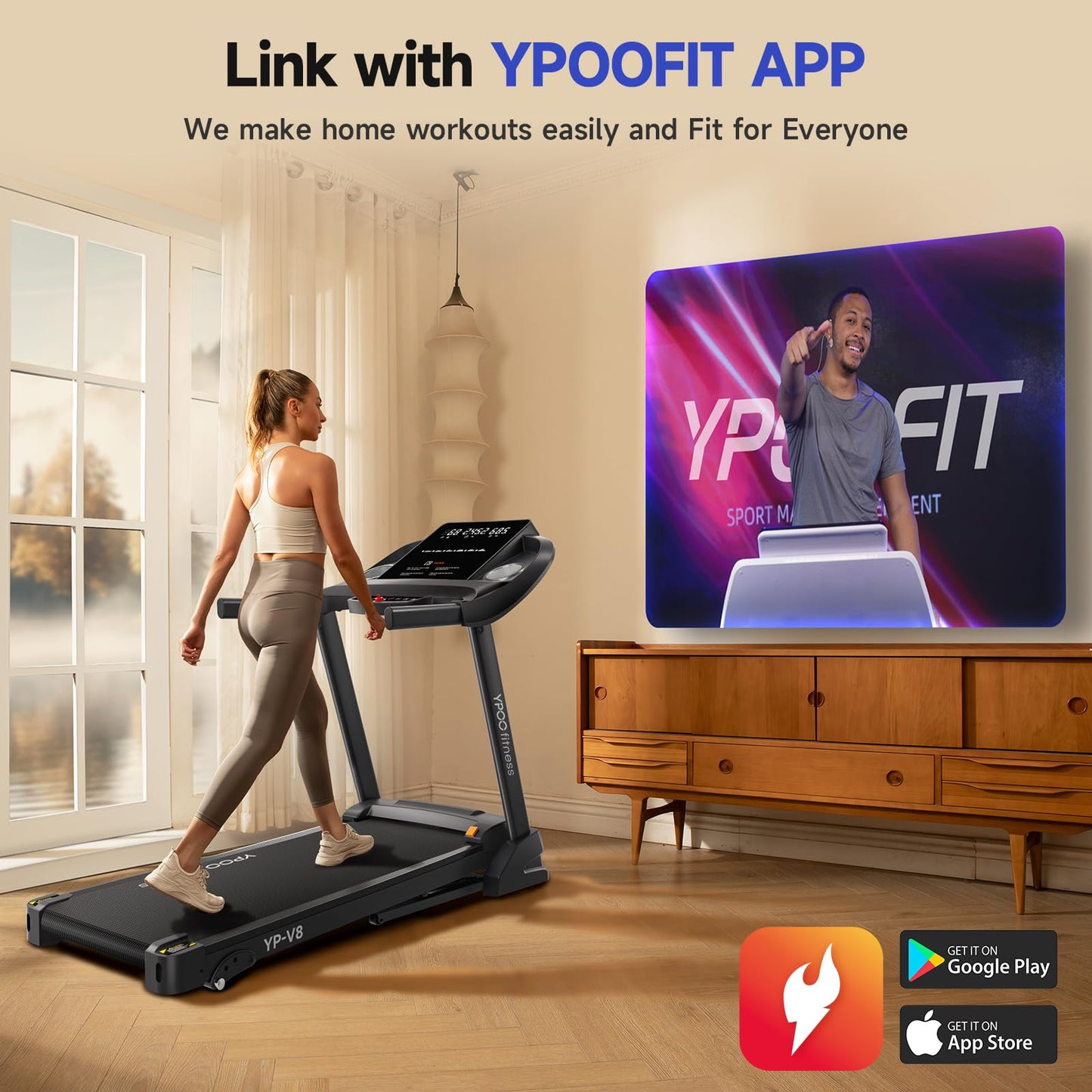 YPOO Treadmills for Home Use, Walking Pad Treadmill with Incline, Auto Foldable Treadmills for Home, 8.0 MPH Running Treadmill with Bluetooth Enabled, 300 lbs User Capacity