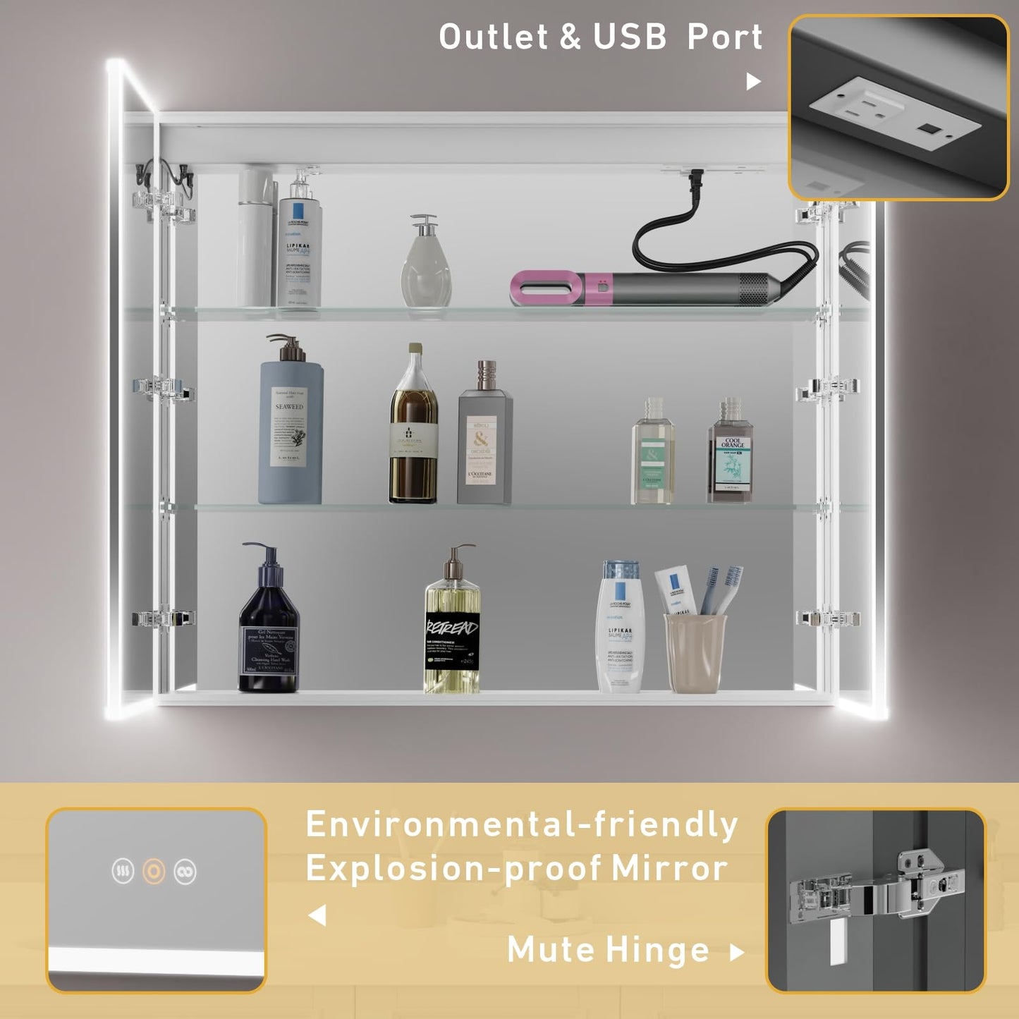tunuo Recessed Medicine Cabinets for Bathroom with Mirror, Only Recessed Medicine Cabinet with Defogger, Dimmer, Outlets & USB, Three Doors, 42"x 36"