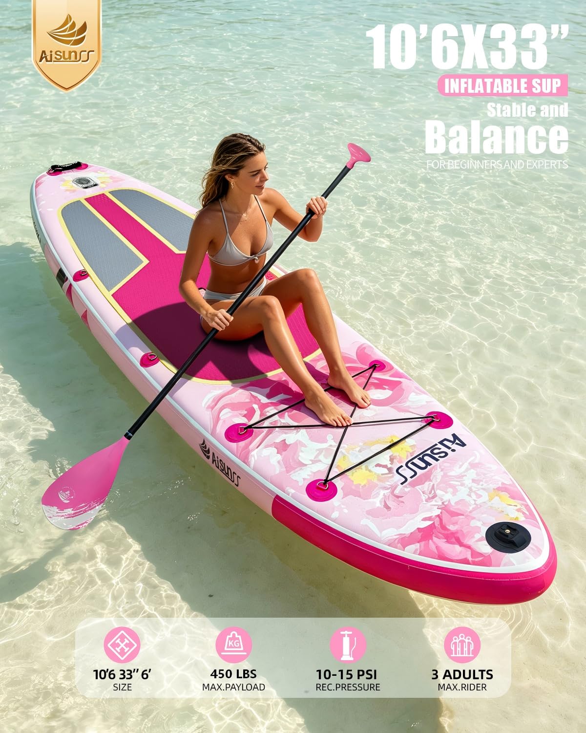 AISUNSS 10.6’ Inflatable Stand Up Paddle Board, 33’’ Wide Stance Paddle Boards with Premium Paddleboard Accessories, Double Action Pump, Removable Fin for Youth & Adults (Flowers Pink)