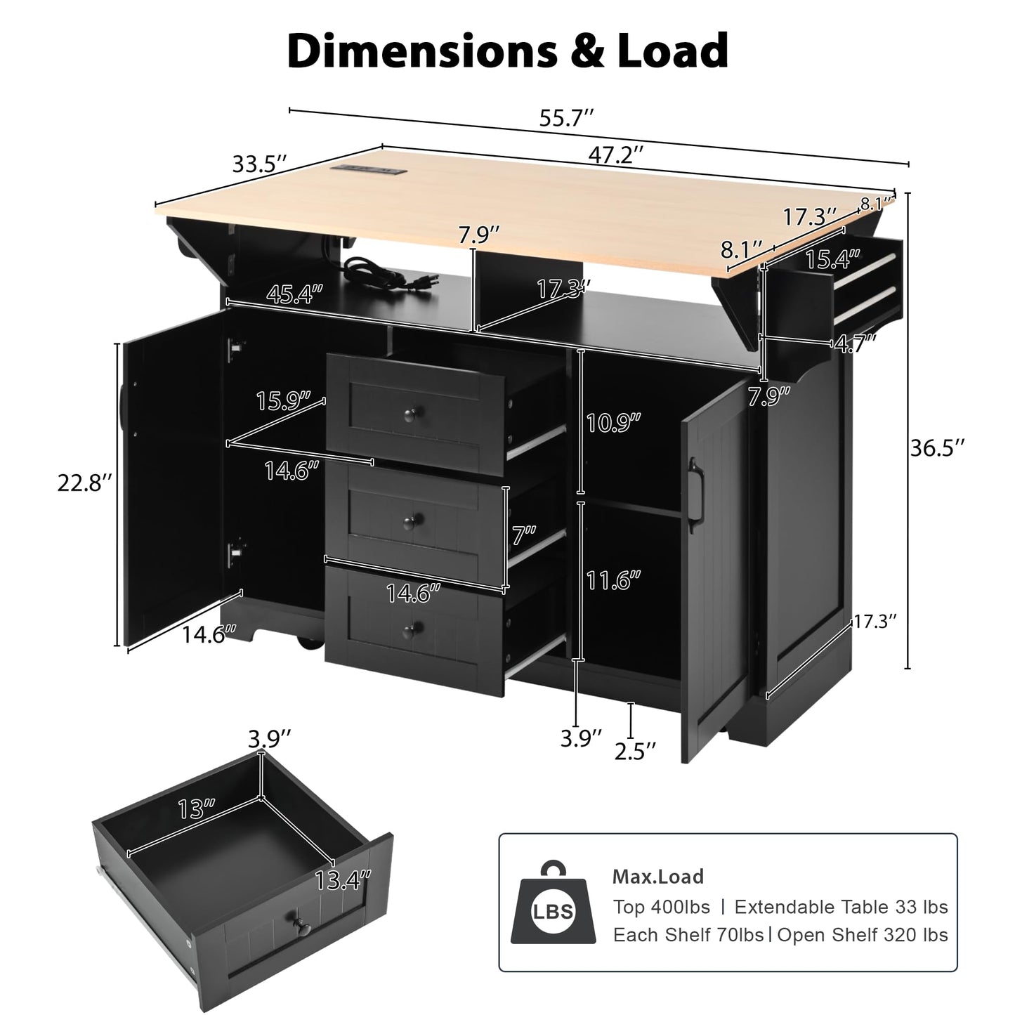 Merax 55.7" Upgraded Large Kitchen Cart Island on Wheels with 2 Drop Leaf,Power Outlet,3 Drawers,Wood Frame Storage Cabinet