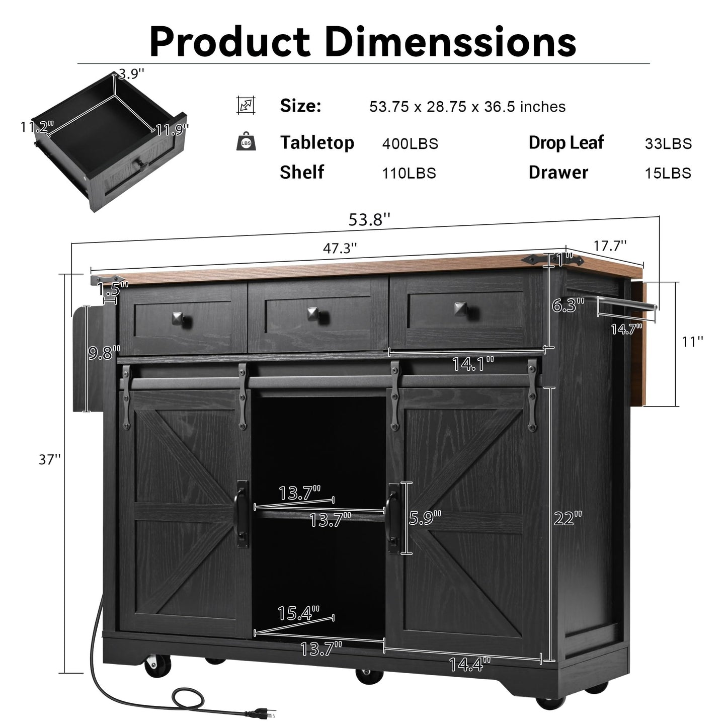 YOPTO Farmhouse Kitchen Island Cart With Power Outlet & 2 Sliding Barn Doors, Rolling Storage Island W/Drop Leaf Spice Rack and 5 Universal Wheels, for Home and Dining Room, Black, 53.7"