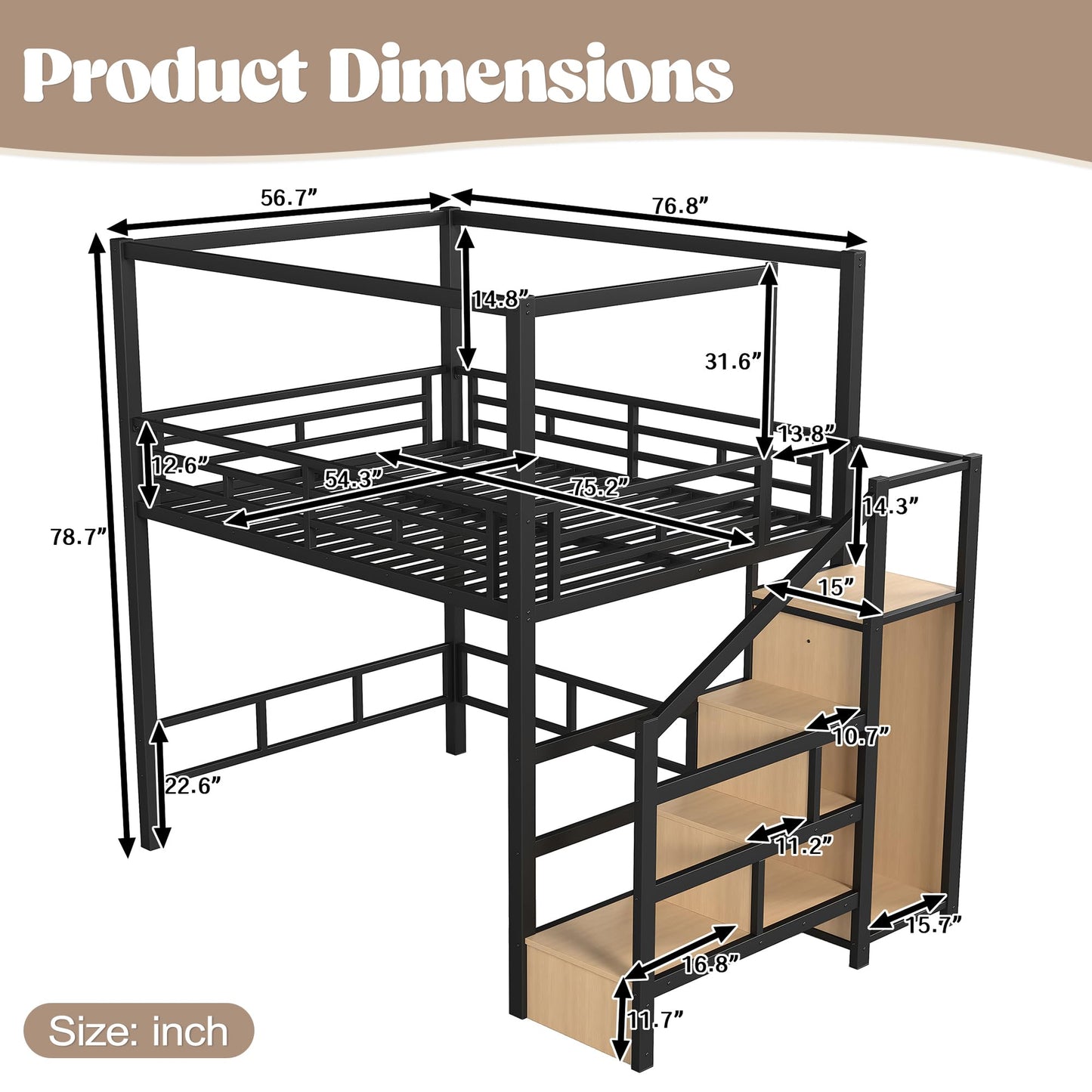 Bellemave Full loft Bed with Storage Stairs, Wardrobe, Canopy Support Pole, Metal Full Loft Bed Frame for Adults, Kids, Teens, Canopy can be Disassembled, Black+Natural Wood