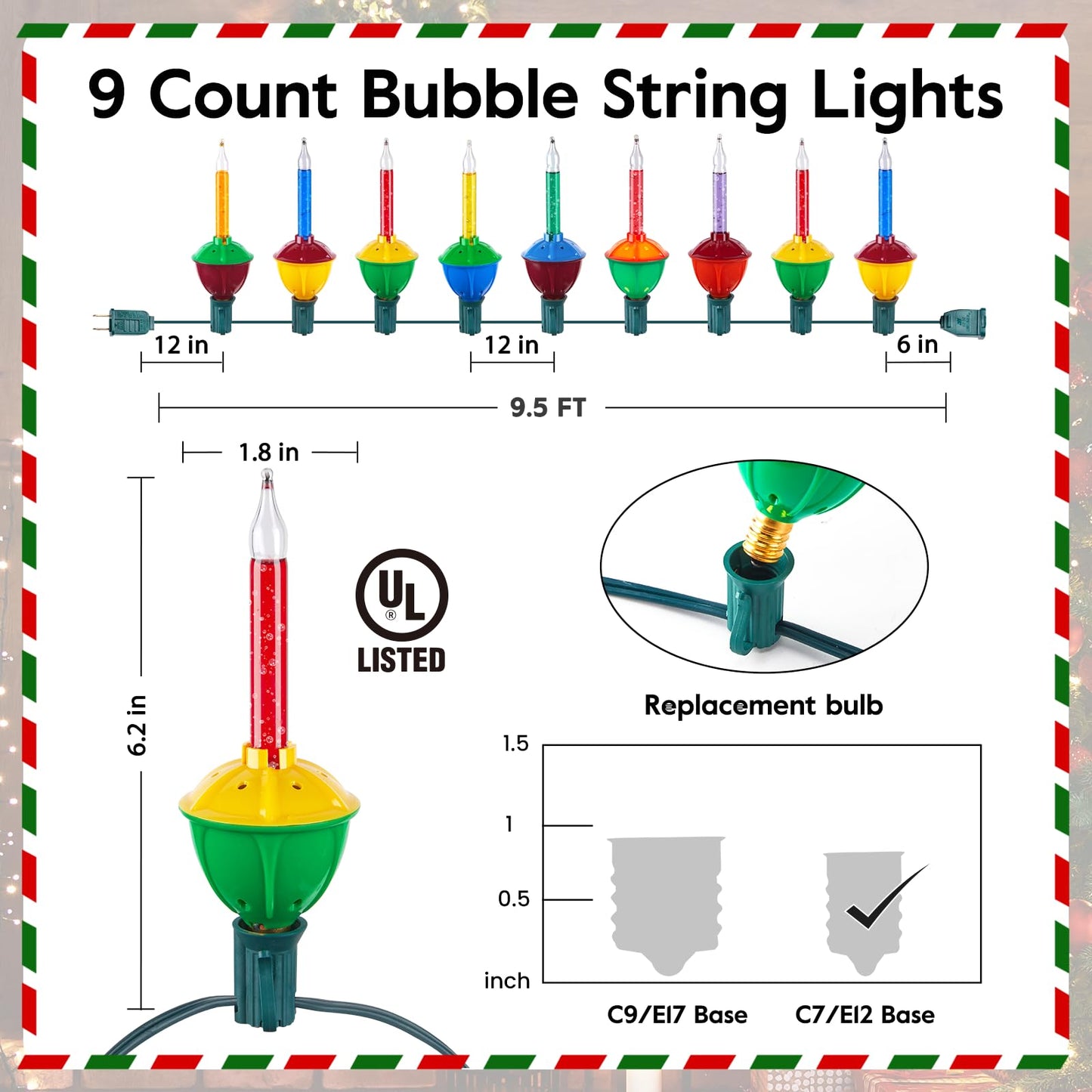Minetom Bubble String Lights, 9.5FT, 9 Bubble Bulbs, 7 Colors, Copper, Model GYPC-O75AU, Christmas Holiday Decoration