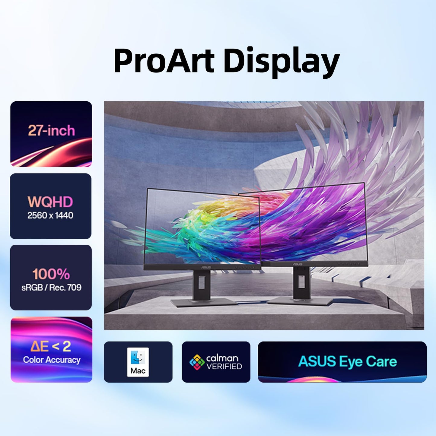 ASUS ProArt 27" WQHD Monitor, IPS Display, 100% sRGB, Calman Verified, Ergonomic Stand | DisplayPort | HDMI | DVI-D Mini DP | USB Hub, Eye Care, Ergonomic Tilt Height Pivot Swivel Adjustable Stand