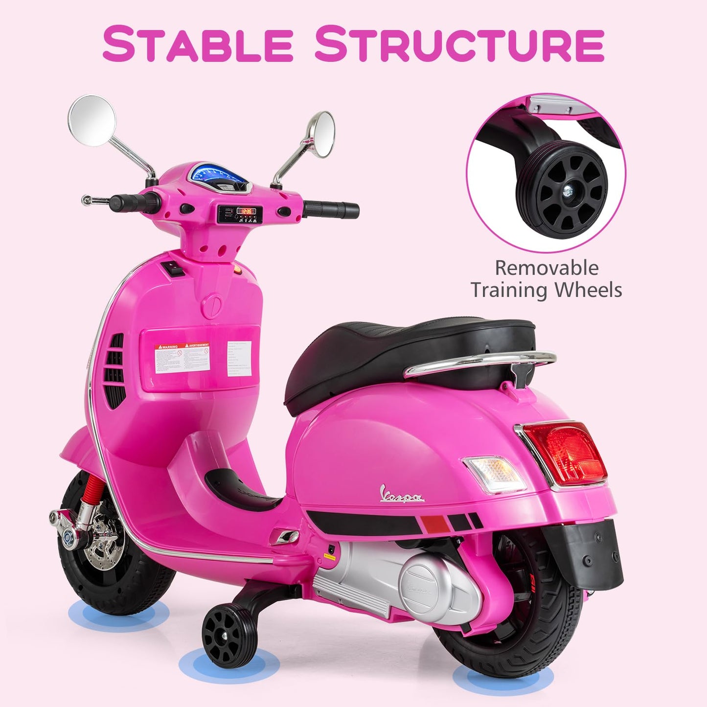 Licensed Vespa 12V Kids Motorcycle by INFANS with Training Wheels, Music, Story, Horn, Lights for 3-6 Years (Pink)