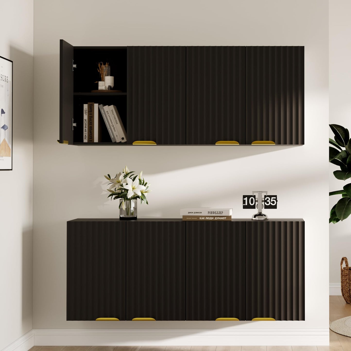 ChooChoo 4 Doors Wall Cabinet Laundry Room, Bathroom Wall Cabinet with Adjustable Shelf, Fluted Wall-Mounted Medicine Cabinet, Storage Cabinet for Kitchen, Garage, Black