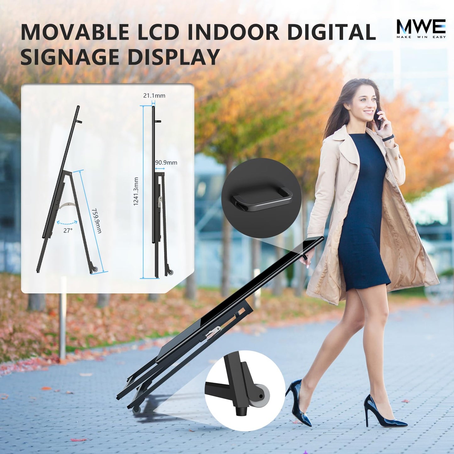 JIYANG 32 Inch Indoor Digital Signage Display,Floor Standing Advertising Digital Kiosk with Wheels,Portable LCD Poster Totem Support HDMI Input,Split Screen,Timed Open/Off,Android System