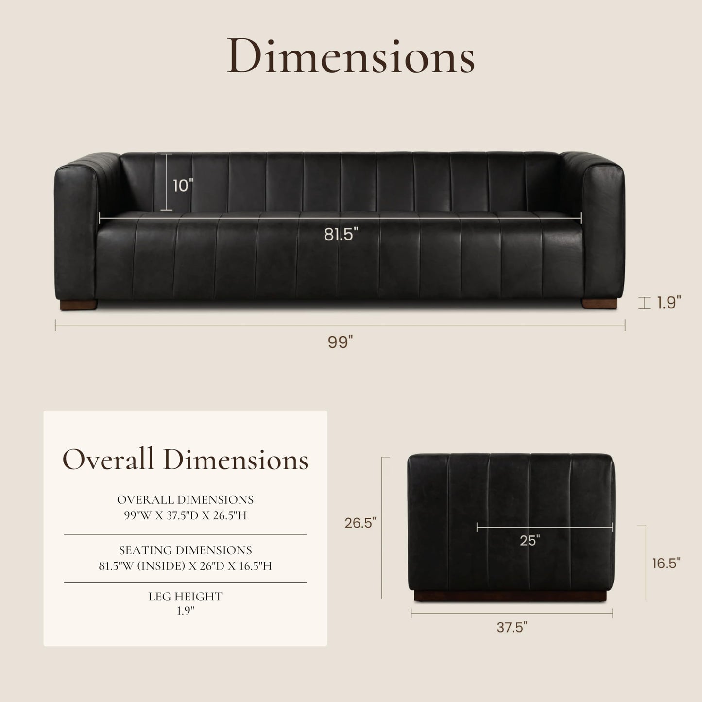 POLY & BARK Canale 99" Sofa in Onyx Black – Modern Living Room Couch with Deep Seating, Plush Cushions, Premium Upholstery, Contemporary Design, and Solid Wood Frame