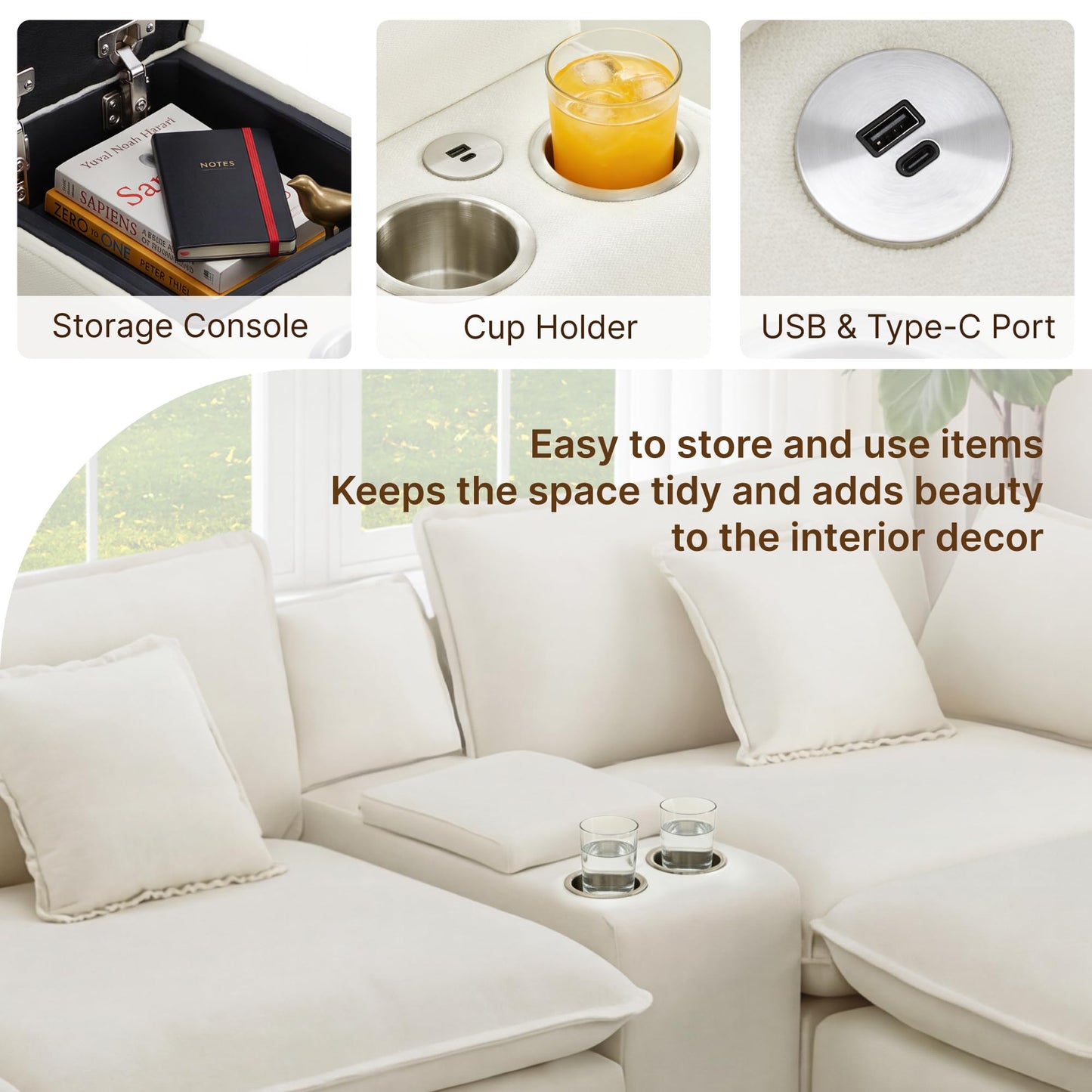 122" Oversized Modular Sectional Sofa with Storage Console,L-Shaped Cloud Couch with Movable Ottoman,Deep Seat,Thick Cushions, Multi Functional Console with USB & 2 Cup Holder,Sofa Set for Living Room