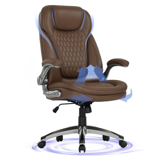 COLAMY Executive Office Chair-Ergonomic Computer Desk Chair, High Back Leather Chair with Padded Flip-up Arms, Swivel Home Office Chair Upgraded Caster, Brown