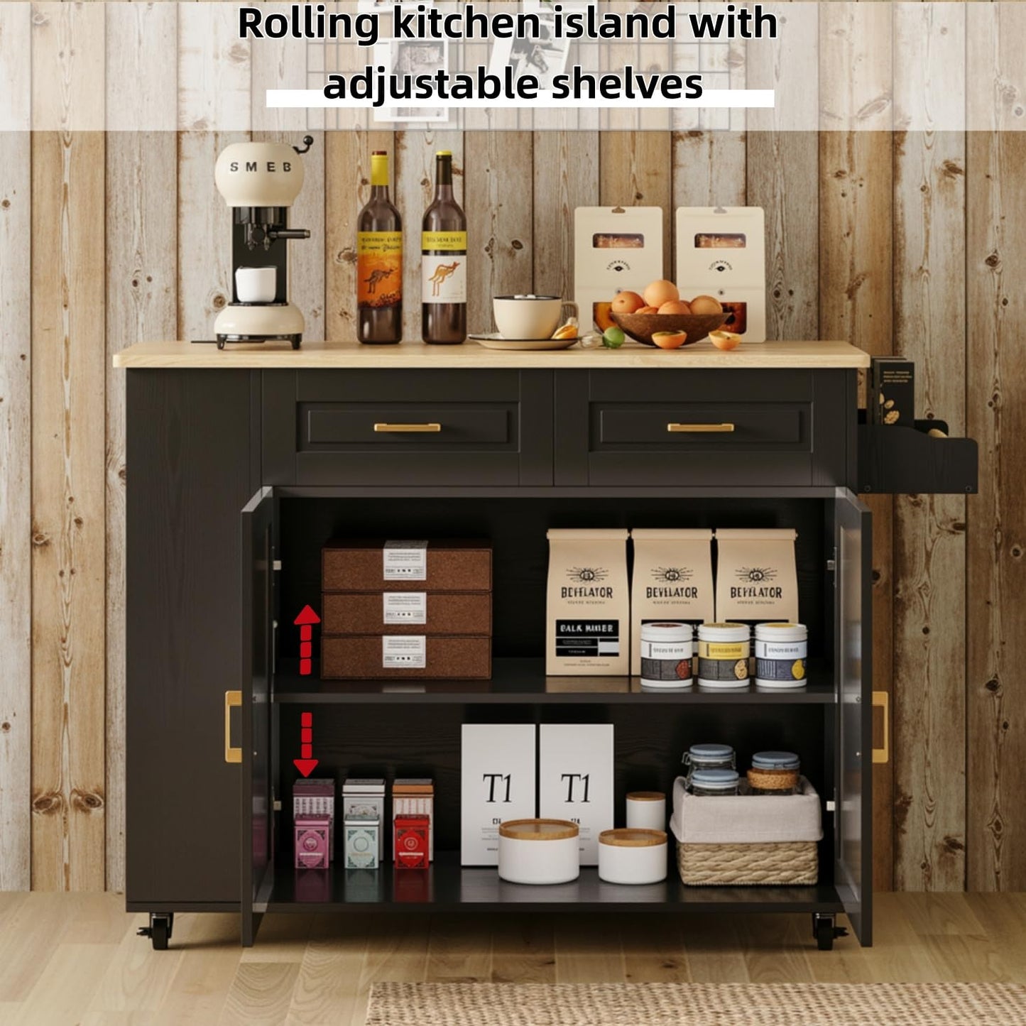 IRONCK Kitchen Island with Power Outlet & Drop Leaf, 47.2" Width Rolling Kitchen Island on Wheels with Storage, Mobile Kitchen Island Cart with Spice Rack, Open Shelves and Drawer, Black