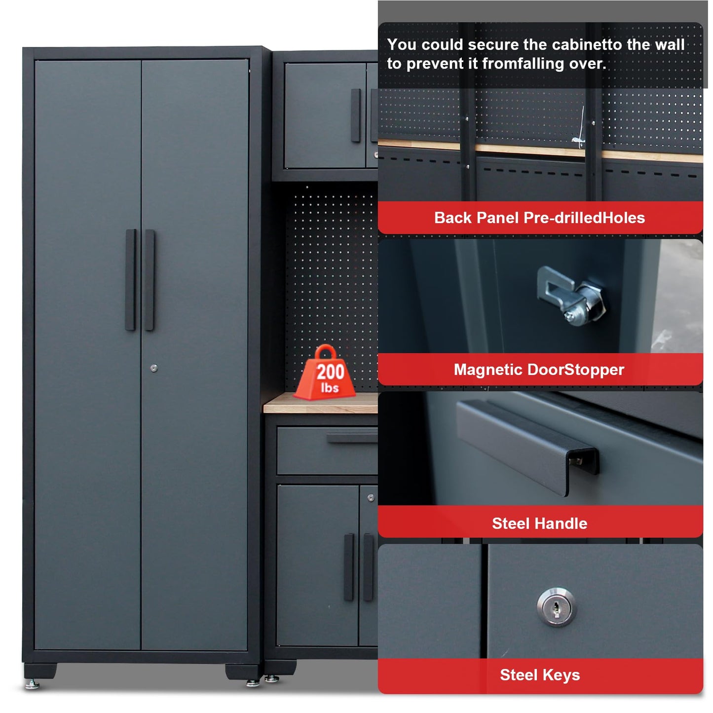 Tsnritor Garage Storage Cabinet System, 9PCS Tool Chest Workbench Storage System in Black, Included Steel Cabinets Drawers Rolling Chest and Pegboard,Locked Garage Storage Cabinet,Grey Handle