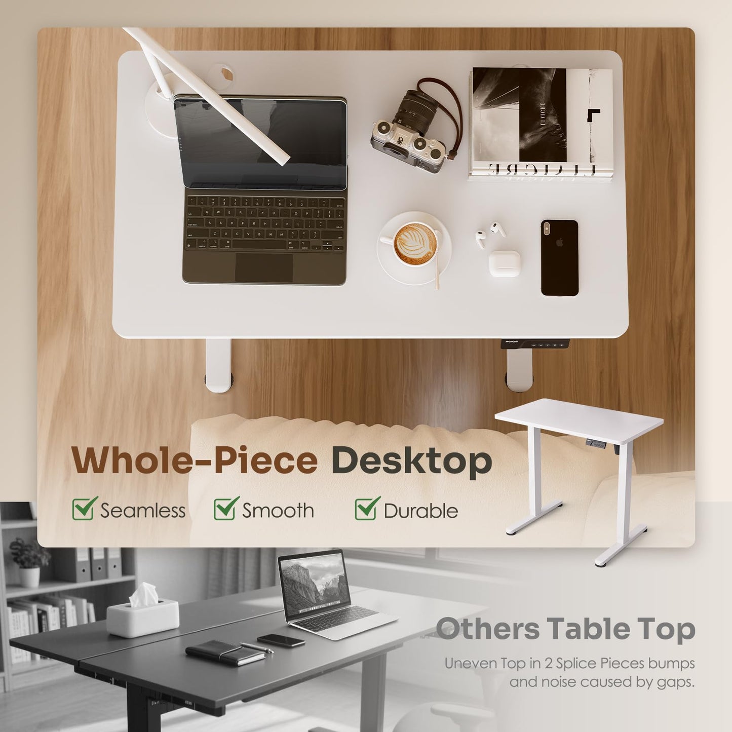 Monomi Small Electric Standing Desk, 35" x 20" Whole Piece Height Adjustable with Memory Controller, White Sit to Stand Desk Workstation for Home Office