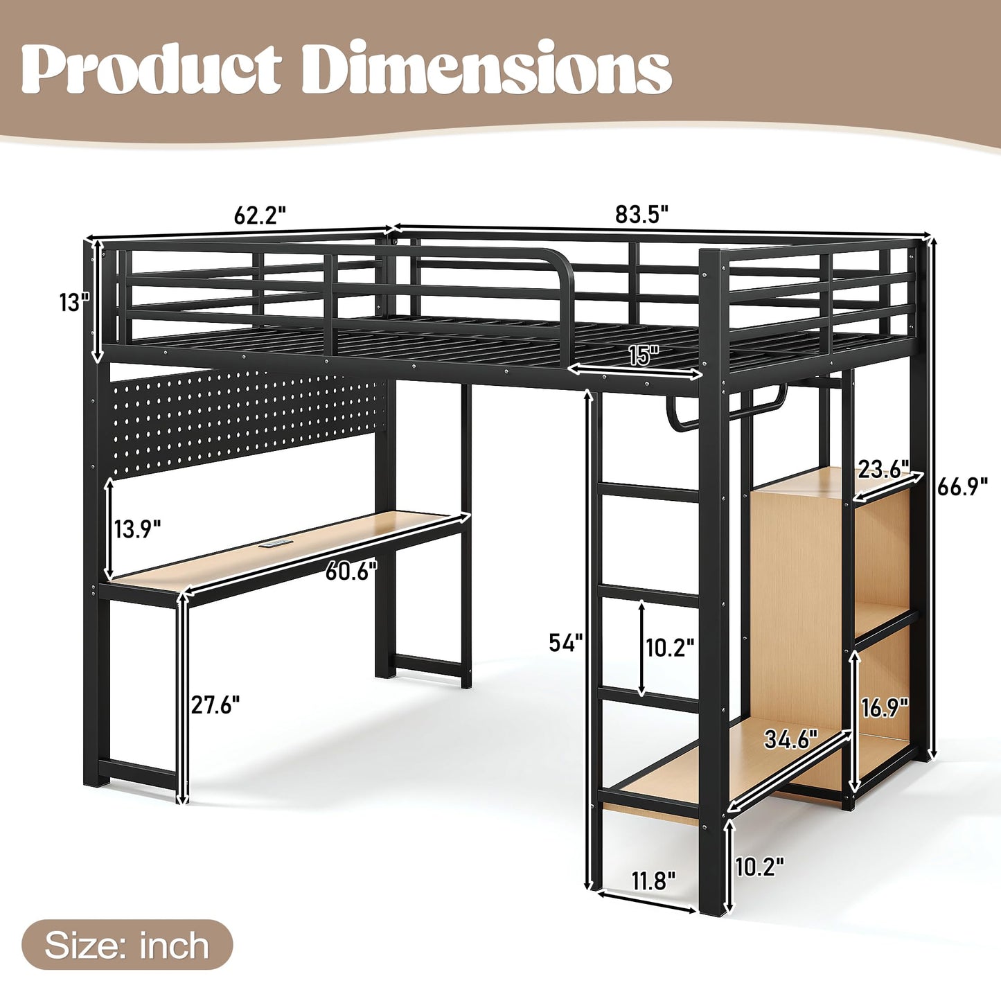 Bellemave Queen Size Loft Bed with Desk,with USB Ports, Lights, and Hanging Rod, Cave Board Design, Metal Queen Loft Bed Frame for Adults, Kids, Teens, Black