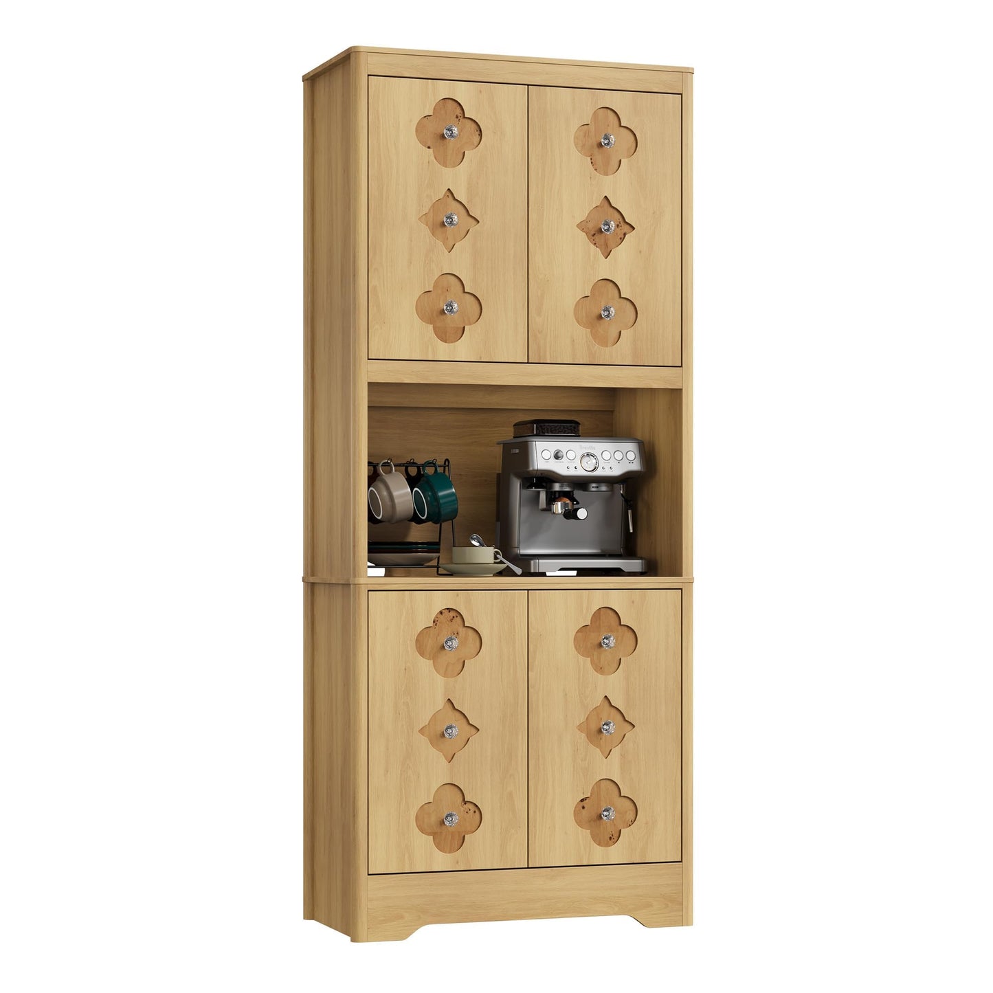 IDEALHOUSE Mid Century Modern Kitchen Pantry Cabinet, 72" Tall Storage Cabinet with Microwave Shelf, Wooden Freestand Cupboard with Carved Flower Door & Crystal Handle, for Dining Room