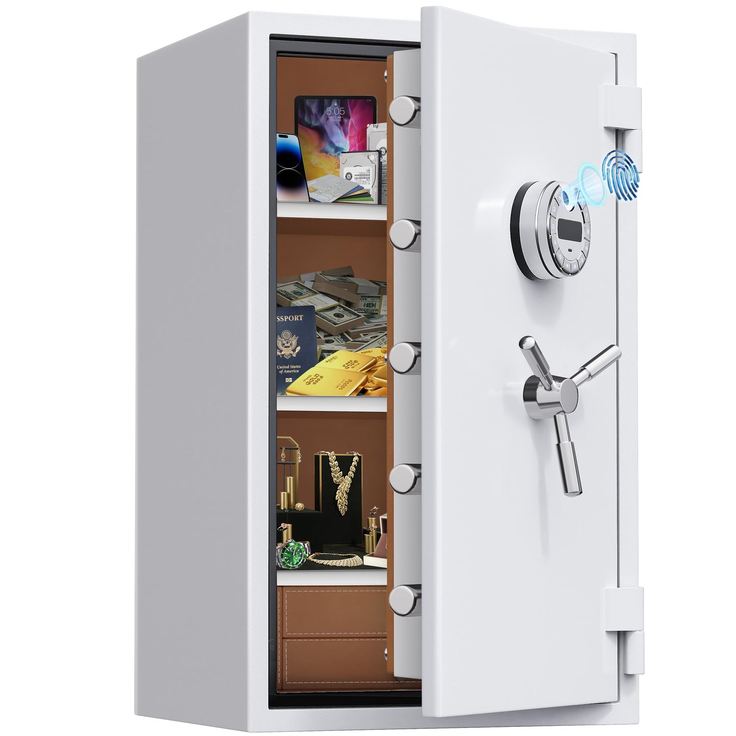 [Test Approved]9.8 Cub Extra Large White Biometric Safe Box Fireproof Waterproof, [Dual Mode] [Leather Carpeted] 124 Lbs Heavy Duty Fire Proof Safe with Drawer for Jewelry Document
