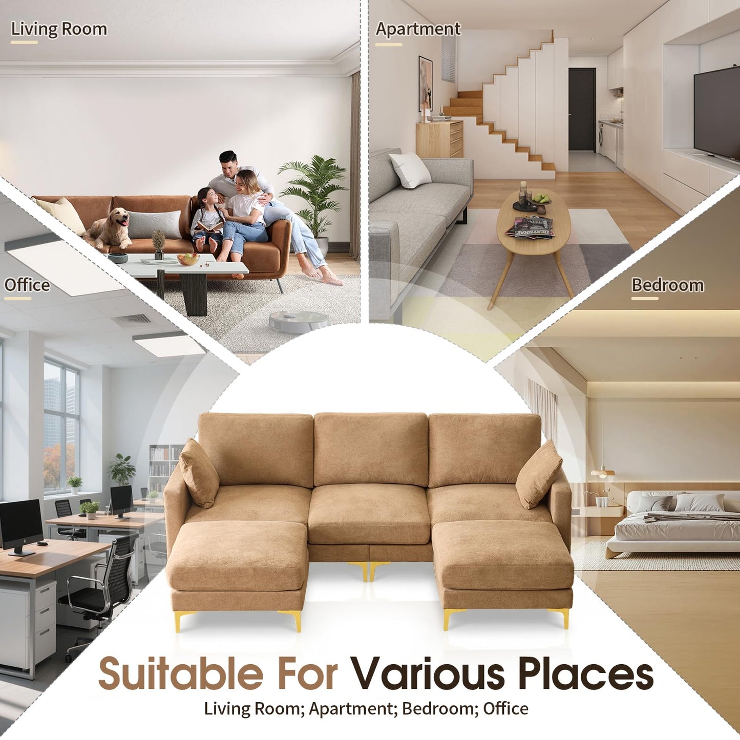 VINGLI 100" W U Shaped Couch with Ottoman, 22" Deep Seat Comfortable Sectional Couches for Living Room, 3 Seater Chenille Fabric Cloud Sofa for Apartment, Small Spaces, Bedroom, Khaki