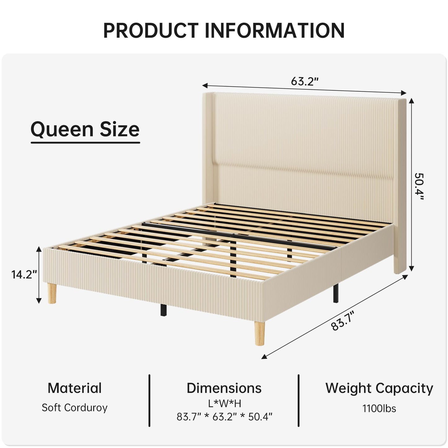 IDEALHOUSE Queen Size Upholstered Bed Frame with Channel Tufted Wingback Headboard, Wooden Slat Support, Noise-Minimizing Design, No Box Spring Needed, Beige