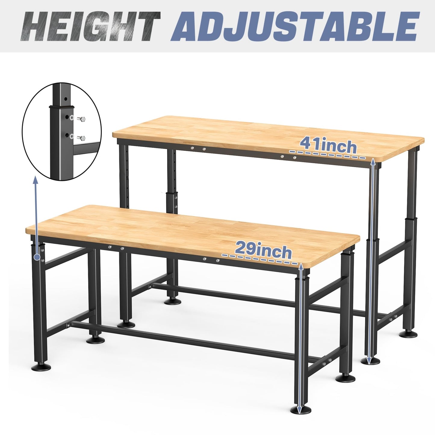 WALMANN Heavy Duty Adjustable Height Workbench 60" x 23.5", Rubber Wood Top Work Table for Garage, Workshop, 2000 lbs Load Capacity