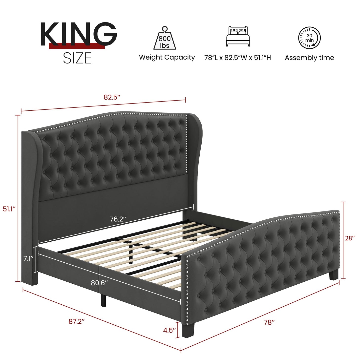 BRELTAM Upholstered King Size Bed Frame Velvet Tufted Bed Frame with Wingback Headboard & Footboard, with Deep Button Tufted & Nailhead Wooden Slats Support, No Box Spring Needed,Grey