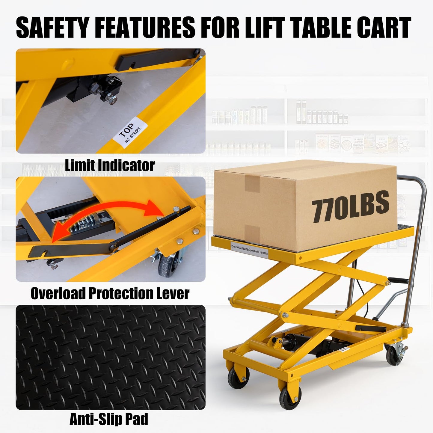 Hydraulic Lift Table Cart, 770lbs Capacity 59'' Max Lift, Double Scissor Lift Table w/4 Wheels & Non-Slip Pad, Heavy Duty Hydraulic Platform Lift Cart for Warehouse, Shop, Garage Material Handling