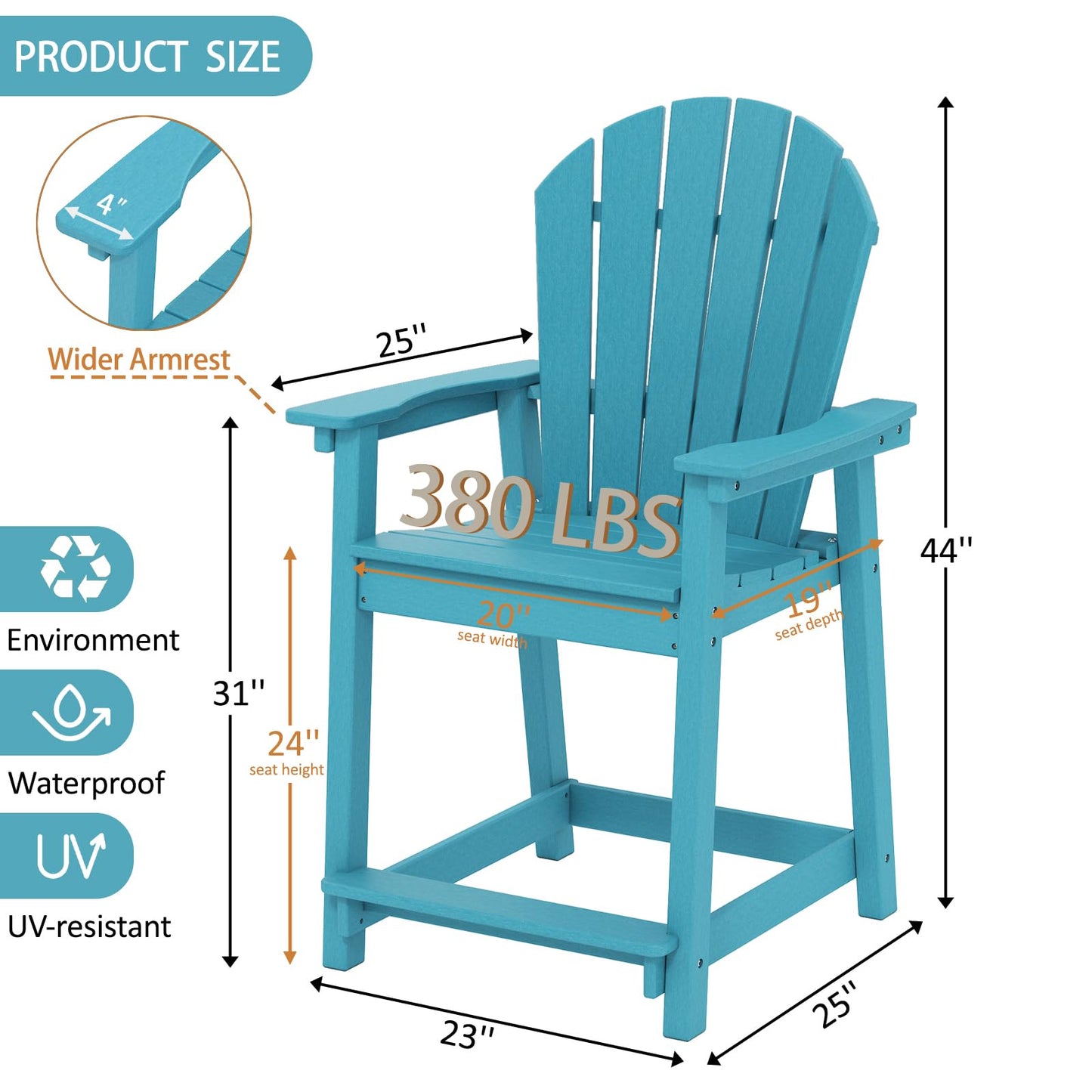OTSUN Tall Modern Adirondack Chairs Set of 4, All Weather HDPE Bar Height Adirondack Stools Widened Durable Design for Porch Patio Yard Lawn Fire Pit Bistro Basement Indoors & Outdoors