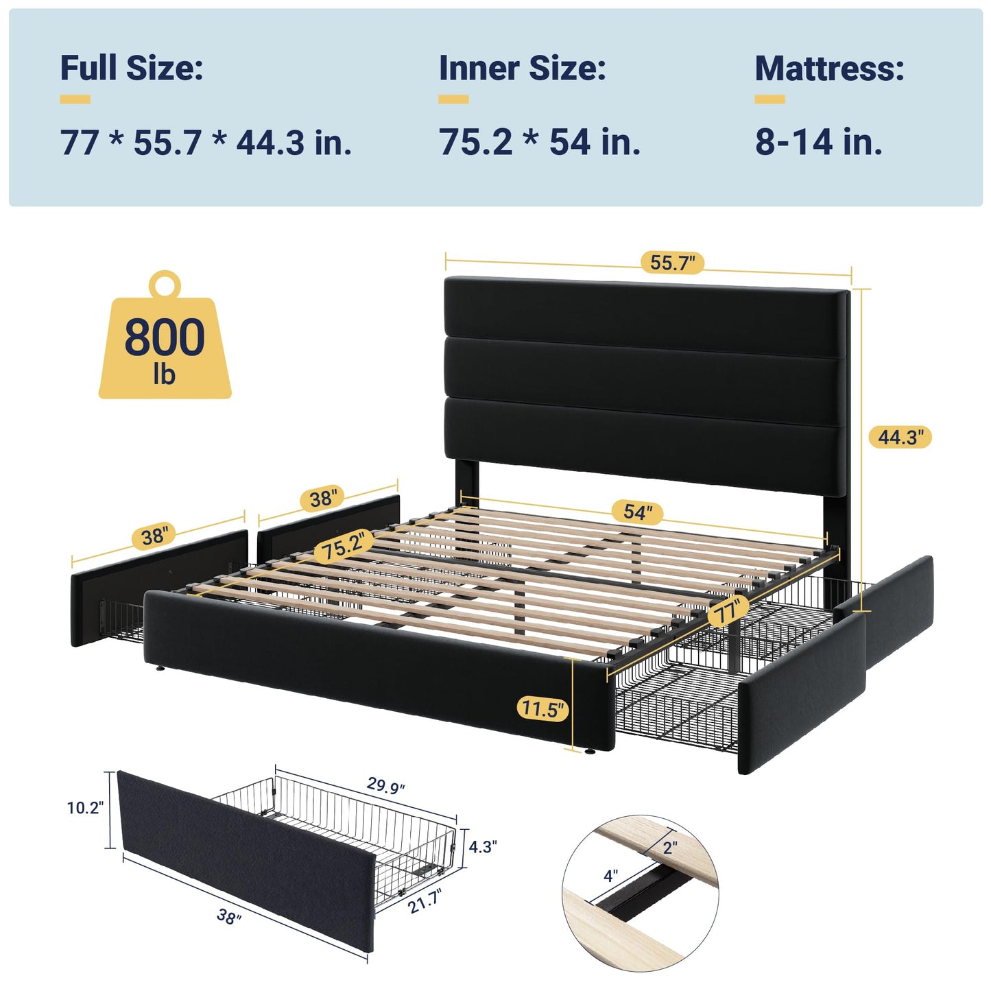 Allewie Modern Full Size Platform Bed Frame with 4 Storage Drawers and Velvet Upholstered Headboard, Wooden Slats Support, Upholstered Mattress Foundation/No Box Spring Needed/Easy Assembly, Black
