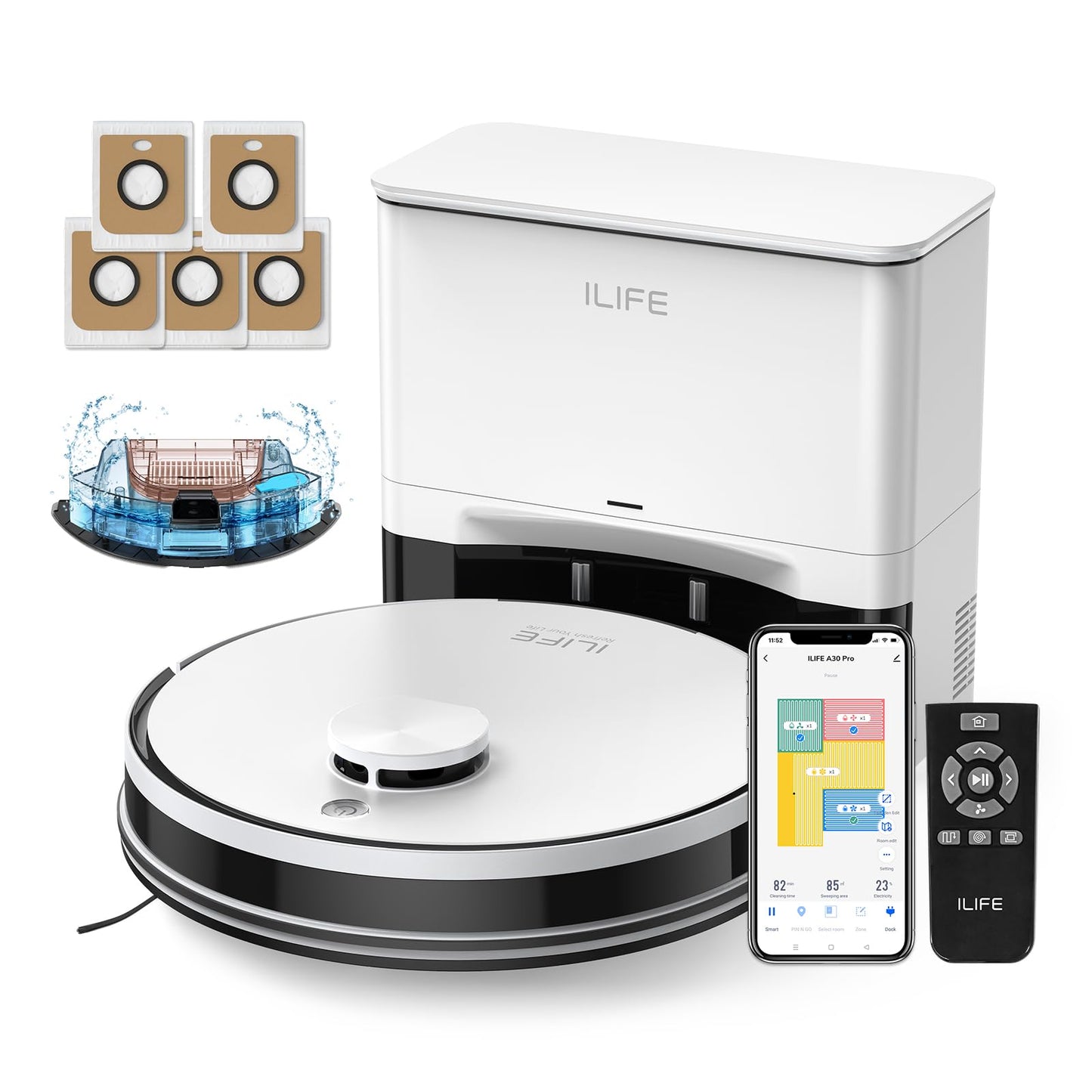 ILIFE A30 Pro Robot Vacuum and Mop, Self Emptying Station for 60 Days, 5000Pa Suction, LiDAR Navigation, No-Go Zones, 2.4G WiFi/App/Alexa/Remote Control, Clean Hard Floors to Medium-Pile Carpet, 110V