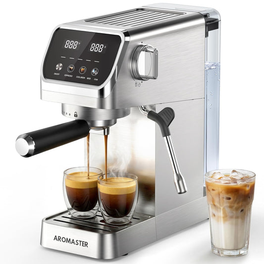 Aromaster Espresso Machine 20 Bar with Milk Frother, Easy to Use Compact Espresso Maker with Touchscreen, Fast Heat 1400W for Latte & Cappuccino, Stainless Steel Coffee Machine for Home & Office