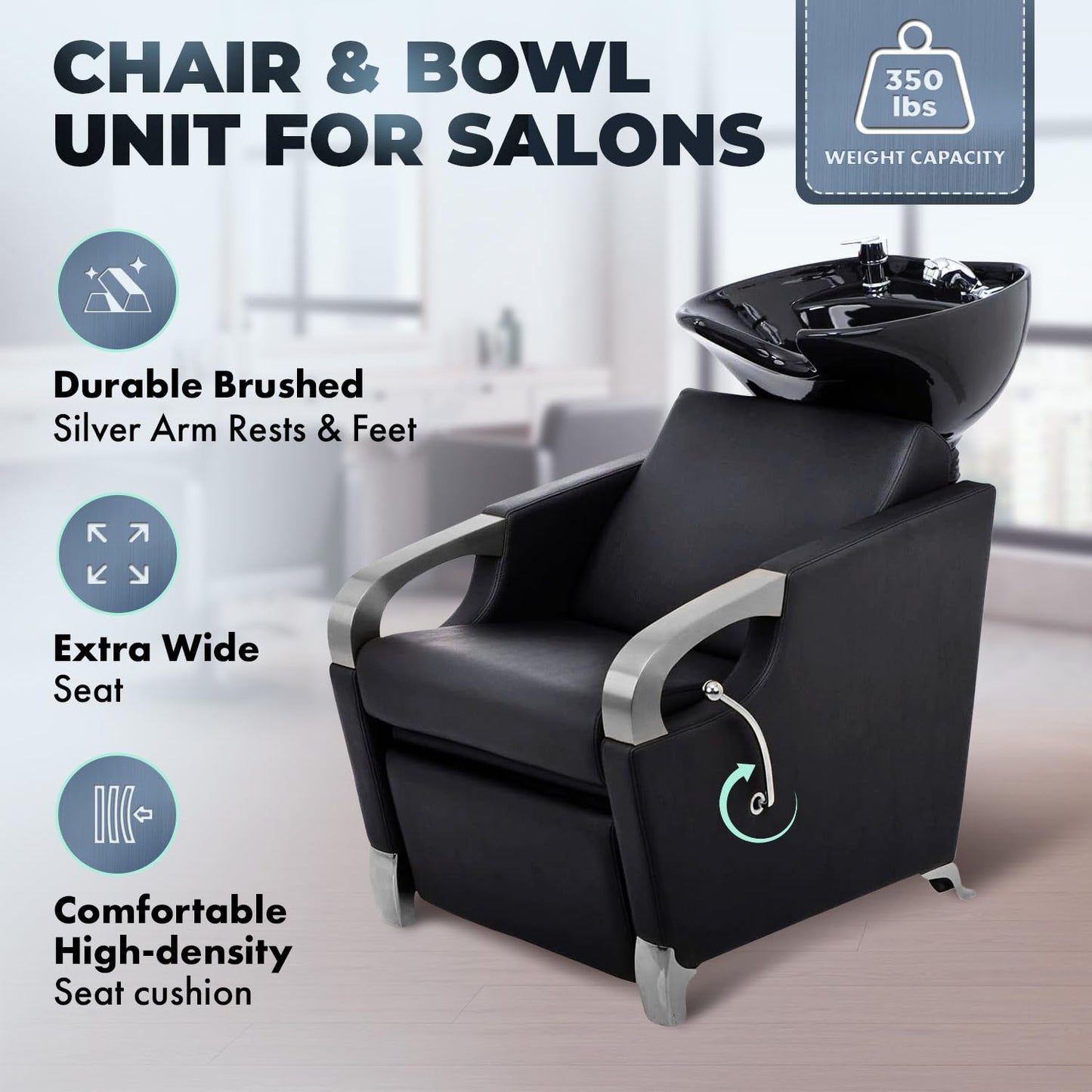 Buy-Rite Luna Shampoo Backwash Station with Black Tilting Porcelain Bowl, Extra Wide Seat with Leg Rest, Brushed Chrome Armrests, Single-Handle Faucet & Vacuum Breaker, YLG-583-1 (Black Sink)