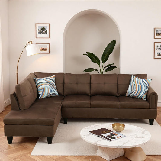 Trygoal Modern L-Shaped Sectional Sofa with Chaise Lounge, 4-Seater Flannel Couch with High-Density Foam Cushions, for Living Room, Apartment, Studio, Easy Assembly, Chocolate