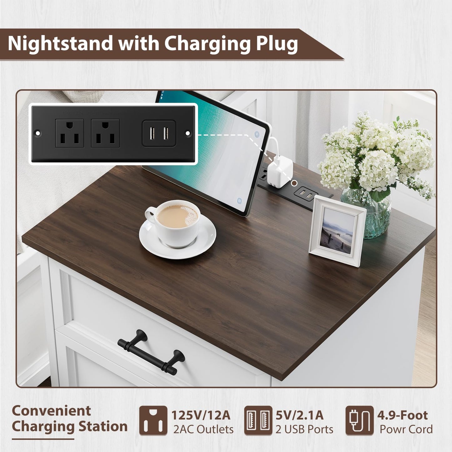 Nightstand Set of 2, Farmhouse Night Stand with Charging Station, White Wood Bedside Table & End Table with 3 Drawers, Side Table Storage Cabinet with Metal Handles for Bedroom, Living Room