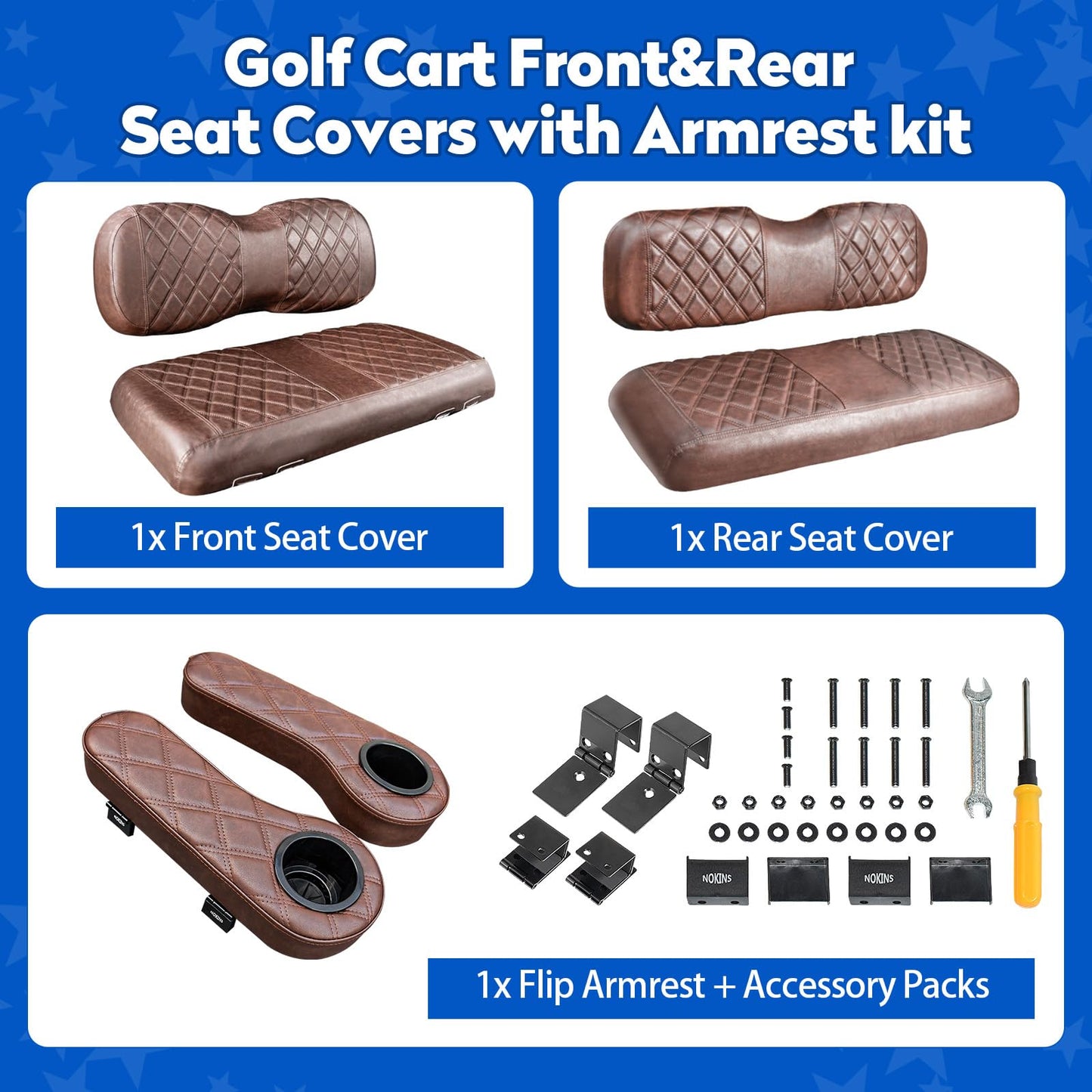 NOKINS Golf Cart Seat Covers for YAMAHA/G29/Drive2, Vinyl Front&Rear Seat Cover with Flip-Up Armrests kit, with Cup Holder, for 1" Square Tube (Brown&Brown 8438)