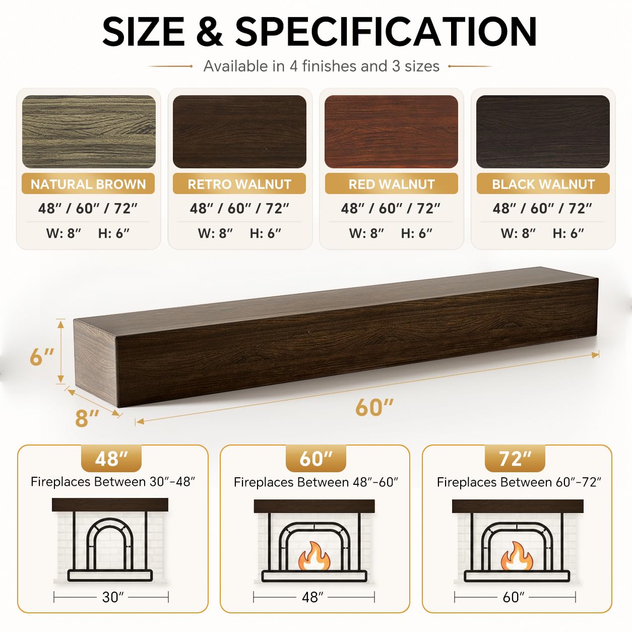 telkener Fireplace Mantel Handcrafted Wall-Mounted Floating Mantel Shelf Decoration Wood Fireplace Mantels Suitable for Living Rooms,Bedrooms, Tvs, Bookshelves.(Retro Walnut,60" L x 8" D x 6" H)
