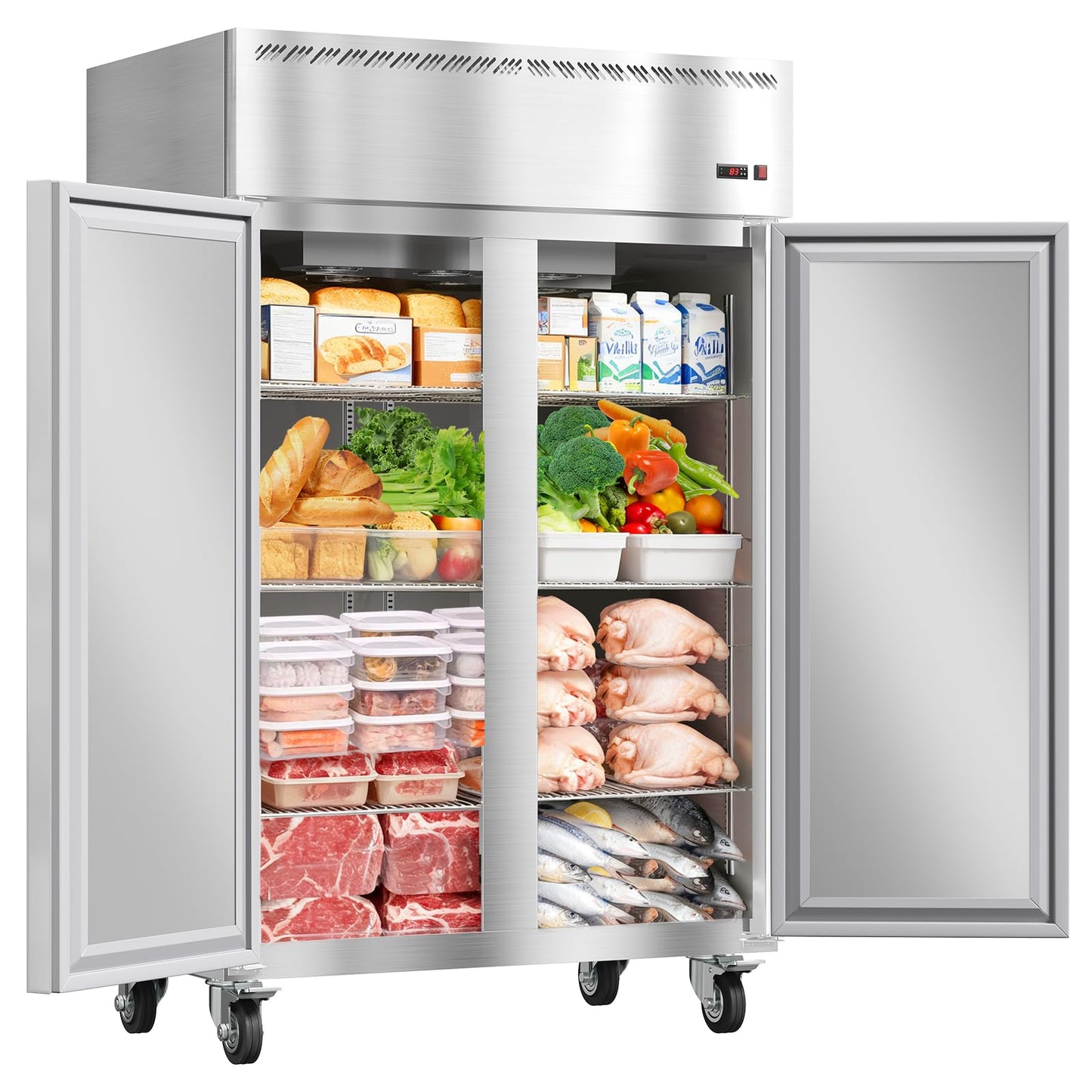 48 Inch Wide Commercial Freezer Upright, 36 Cu.Ft Frost Free Upright Freezers Stand Up, 2 Door 2 Section Walk-In Freezer with 6 Adjustable Shelves, for Supermarket, Restaurant, Kitchen, Shop, Garage