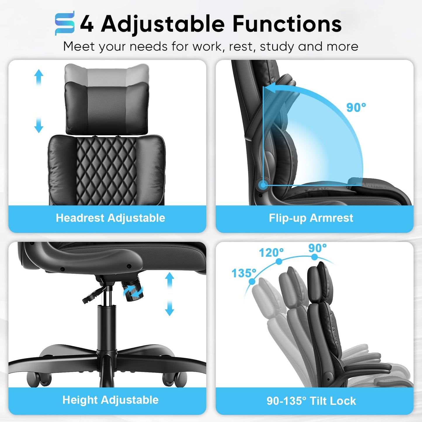 Sytas Ergonomic Office Chair with Adjustable Headrest, Executive Leather Desk Chair with Upgraded Lumbar Support for Lower Back Pain Relief, Thickened Backrest Computer Chair for Home Office, Black