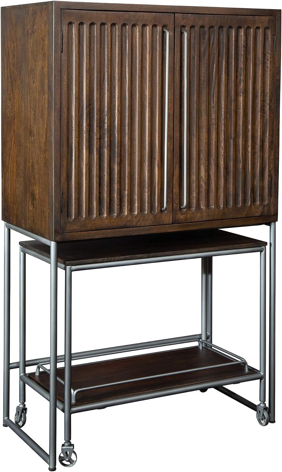 Howard Miller Samuelson Wine & Bar Cabinet II - Distressed Medium Brown Furniture - Charcoal Gray Touch, Home Liquor Storage Console with Wheel Casters for Living Room, Home Decor Or Office