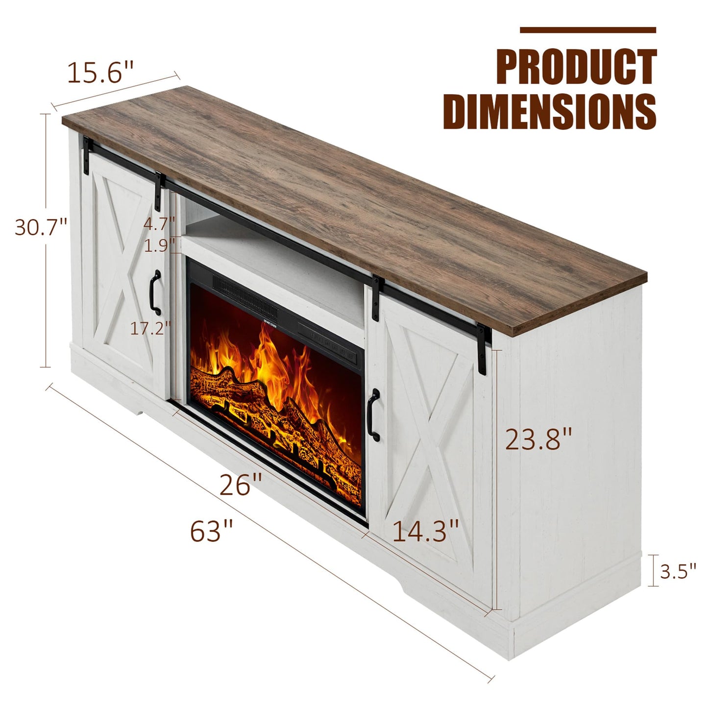 AMERLIFE Fireplace TV Stand with Sliding Barn Door for TVs up to 73", Farmhouse 63" Fireplace Entertainment Center with Storage Cabinets/Adjustable Shelves, Distressed White & Barnwood