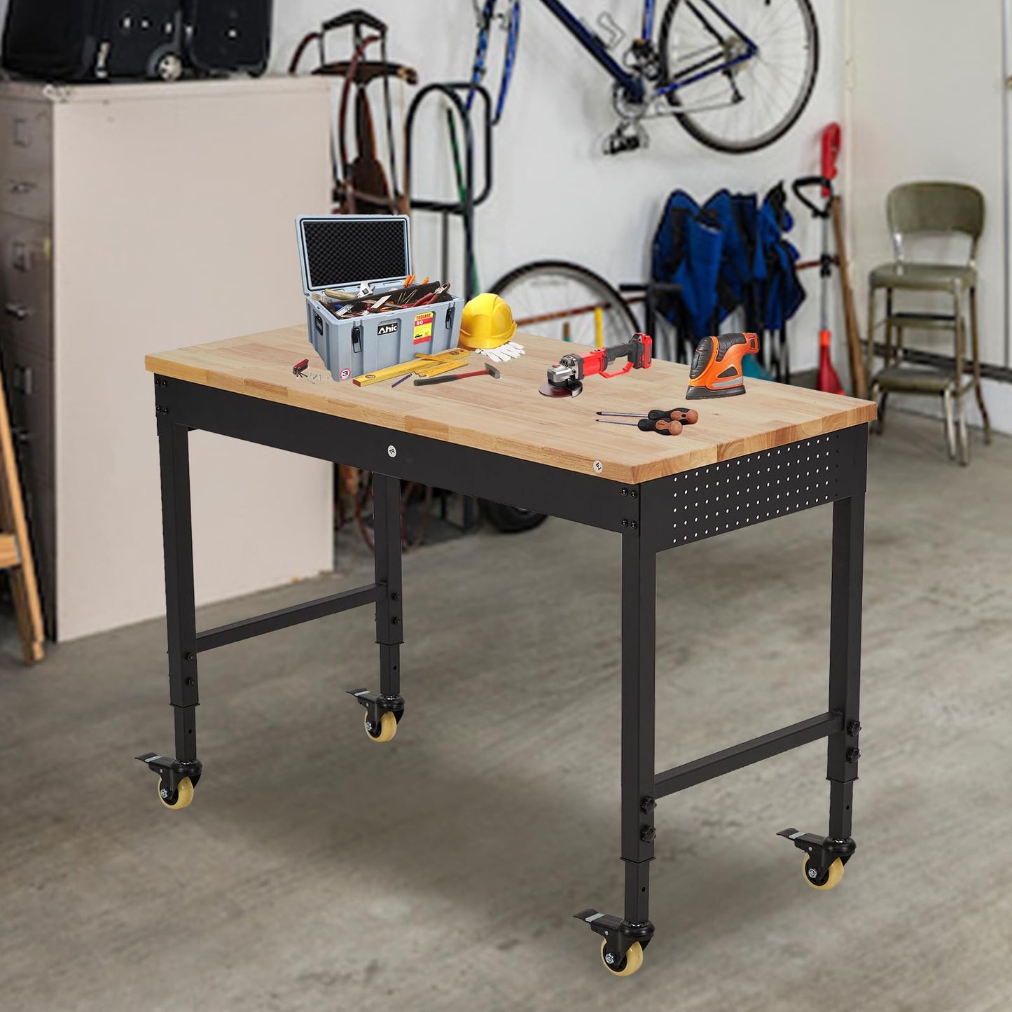 ACONEE 48" Workbench Heavy Duty, Adjustable Height Workstation with Drawer Storage, Backplate, 2000 LB Load Capacity, Multipurpose Rubber Wood Shop Table with Power Outlets, Hooks, Garage Storage