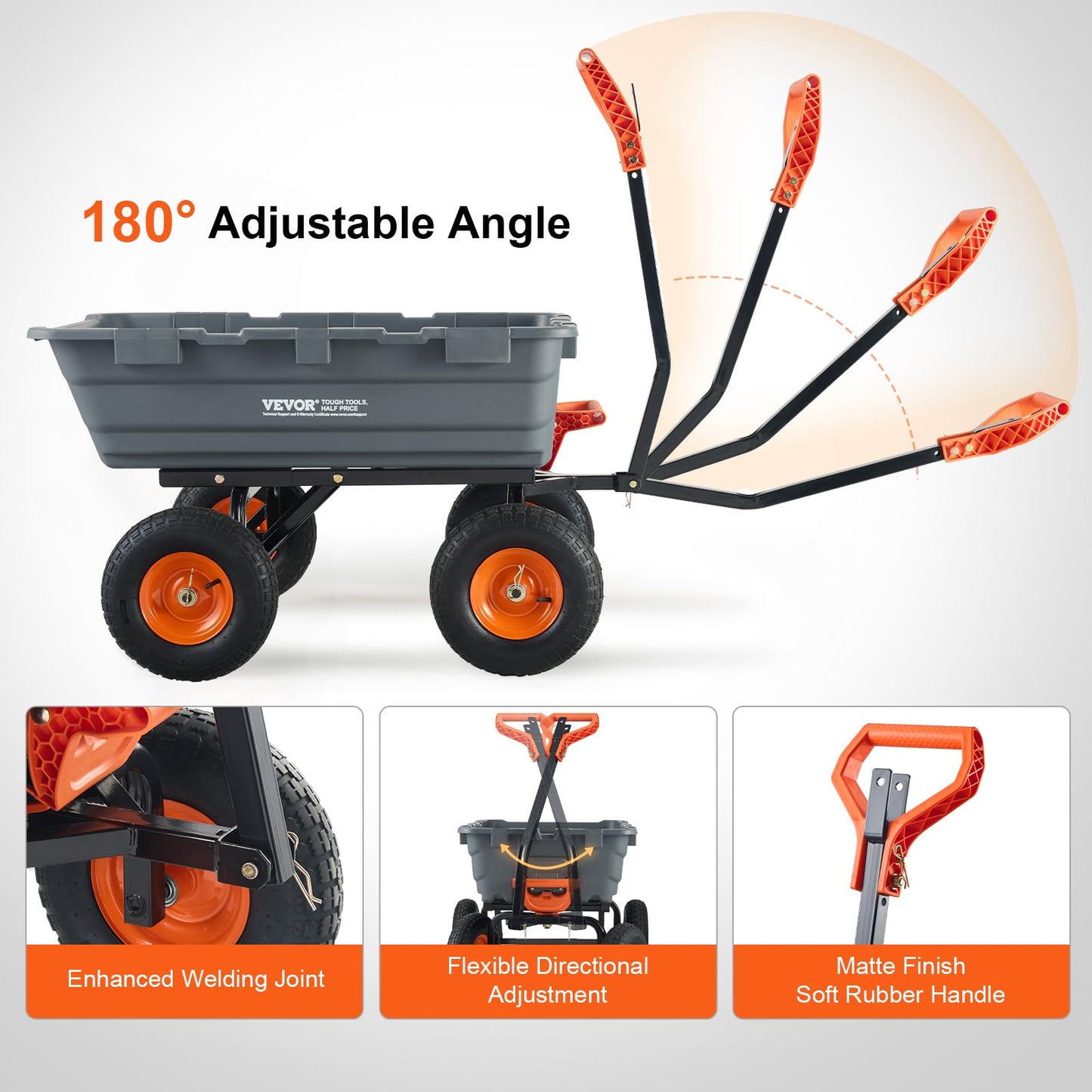 VEVOR 1200lbs 7Cu.Ft. Garden Dump Cart with 2-in-1 Convertible Handle and 13in All Terrain Wheels, Heavy Duty Poly Yard Dump Wagon Utility ATV Trailer Dump Cart Tow Behind for Lawn Mower Tractor