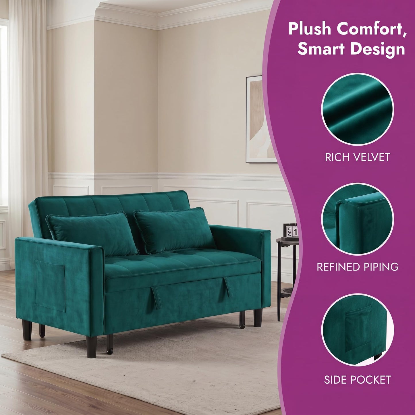 NicBex Convertible Sofa Bed, 3 in 1 Velvet Fabric Loveseat Sleeper Sofa Bed, Pull Out Couch with Adjustable Backrest & Side Pockets for Small Spaces, Living Room & Bedroom, Dark Green