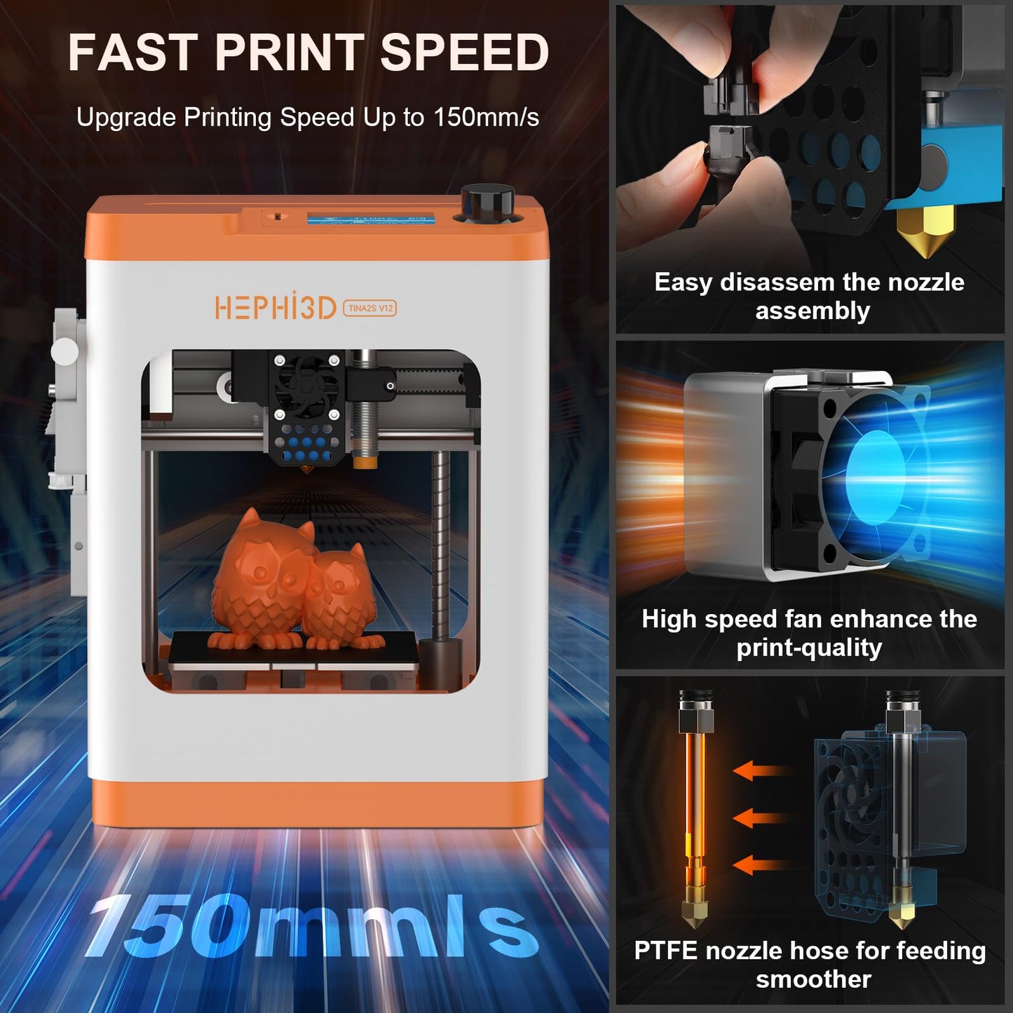 HEPHi3D TINA2S 3D Printer for Kids, Fully Assembled 3D Printers for Beginners with Huge Library APP Control, WiFi Mini 3D Printer Auto Leveling, Kid 3D Printers High Precise for Home, School, Office
