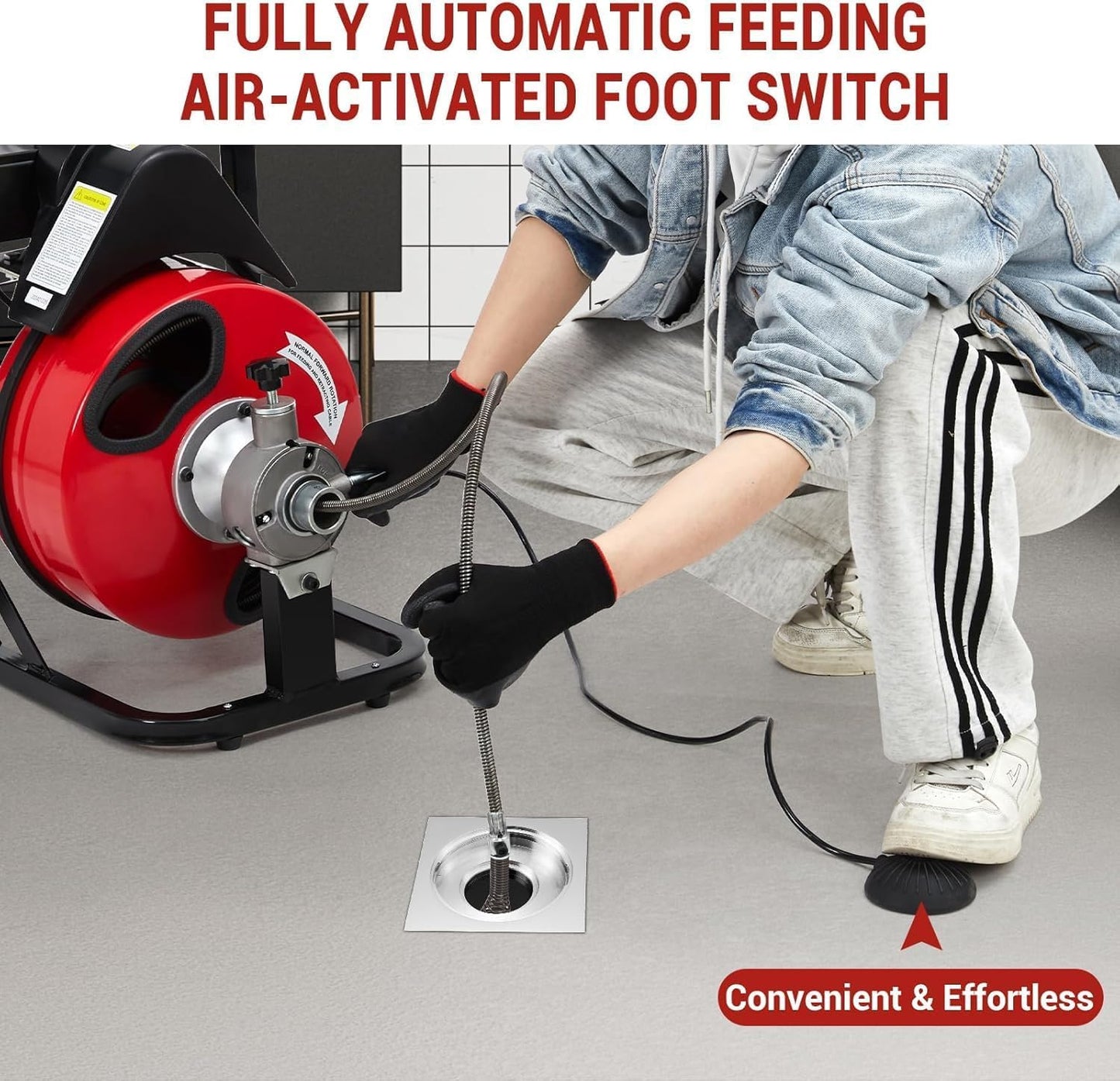 100 FT x 1/2 Drain Cleaner Machine with 370W Motor,Auto Feed Portable Sewer Snake Auger,8 Cutters,Air-activated Foot Switch for 1" to 4" Pipes