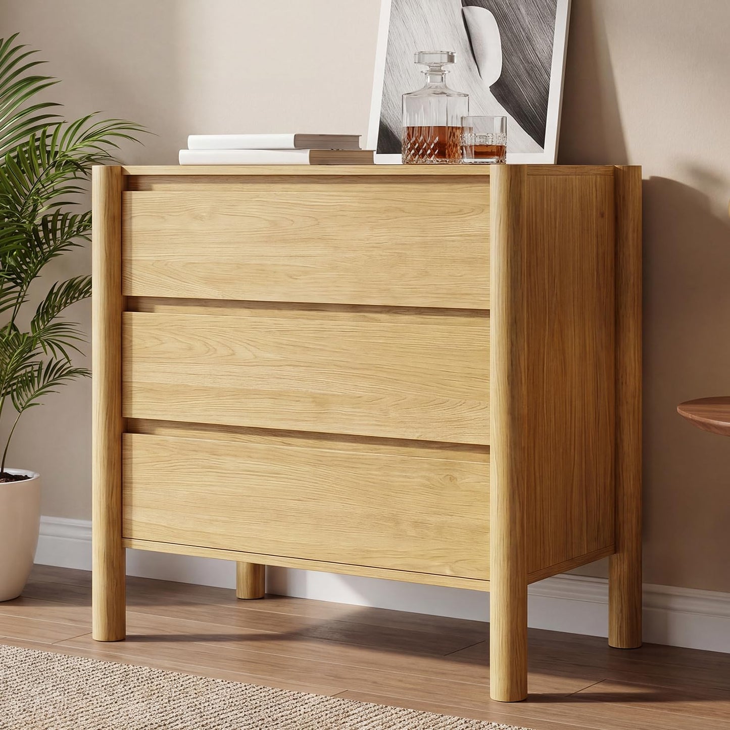 HOUROM Oak3-Drawer Dresser for Bedroom,Oak Mid-Century Modern Chest with Solid Wood Legs,Concealed Handle,Large Wood Storage Organizer,Small Wooden Storage Bedside Table Nightstand for Bedroom
