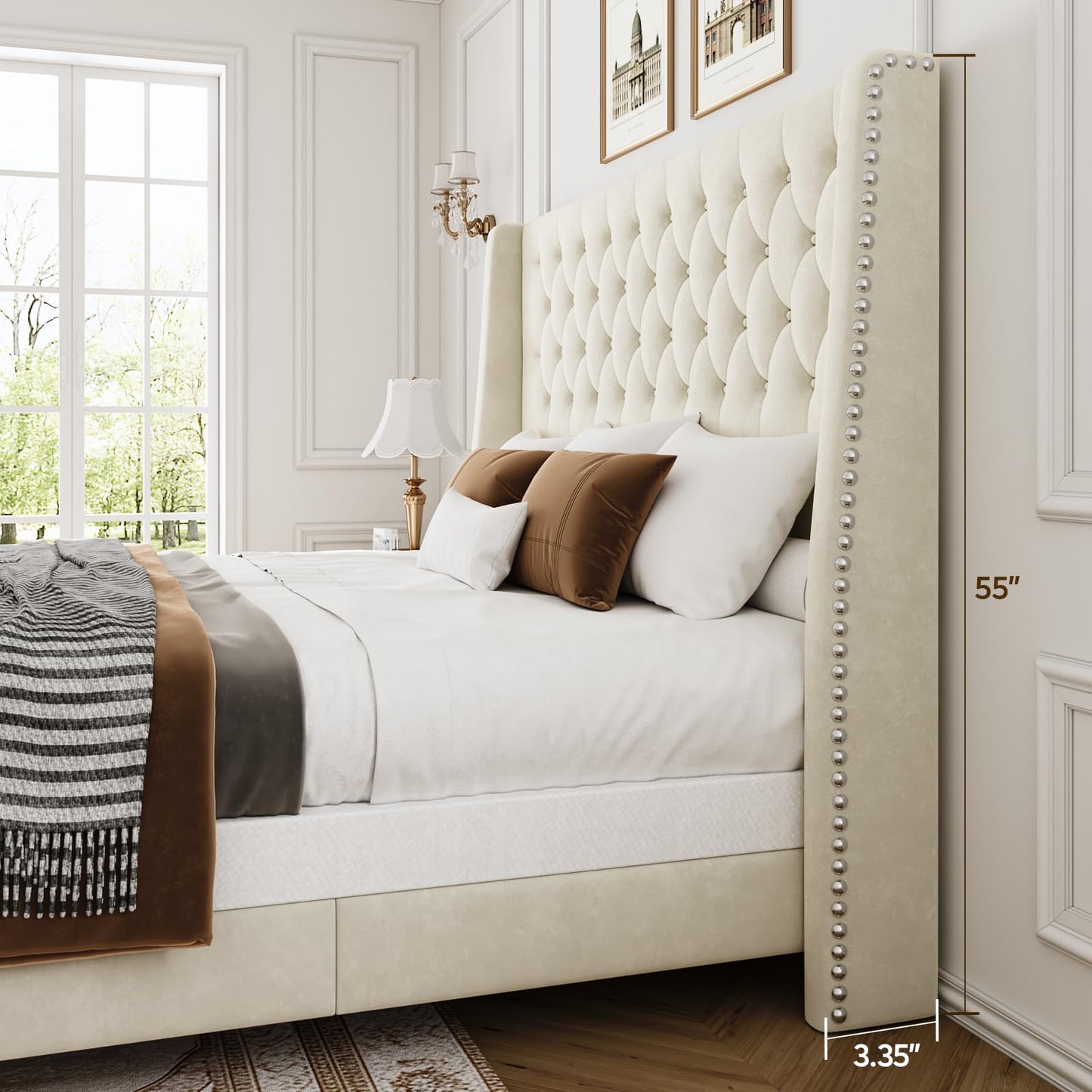 SEREINEY Queen Bed Frame with 55" Tall Headboard, Upholstered Bed Frames, Soft Fabric, Button Tufted Headboard with Windback, Platform Bed, Noise-Free, No Box Spring Needed, Beige