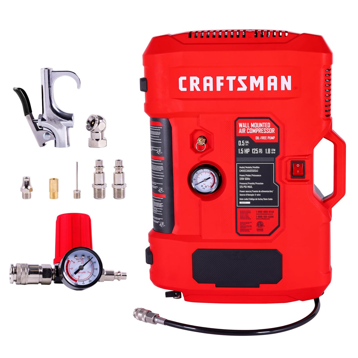 CRAFTSMAN Wall Mount Air Compressor With 8 PCS Accessory Kit, Tire Inflator Portable & Quiet Air Compressor with Retractable 30ft Air Hose, Mini Tank 125 PSI MAX Pressure & 1.5 HP for Garage and Home