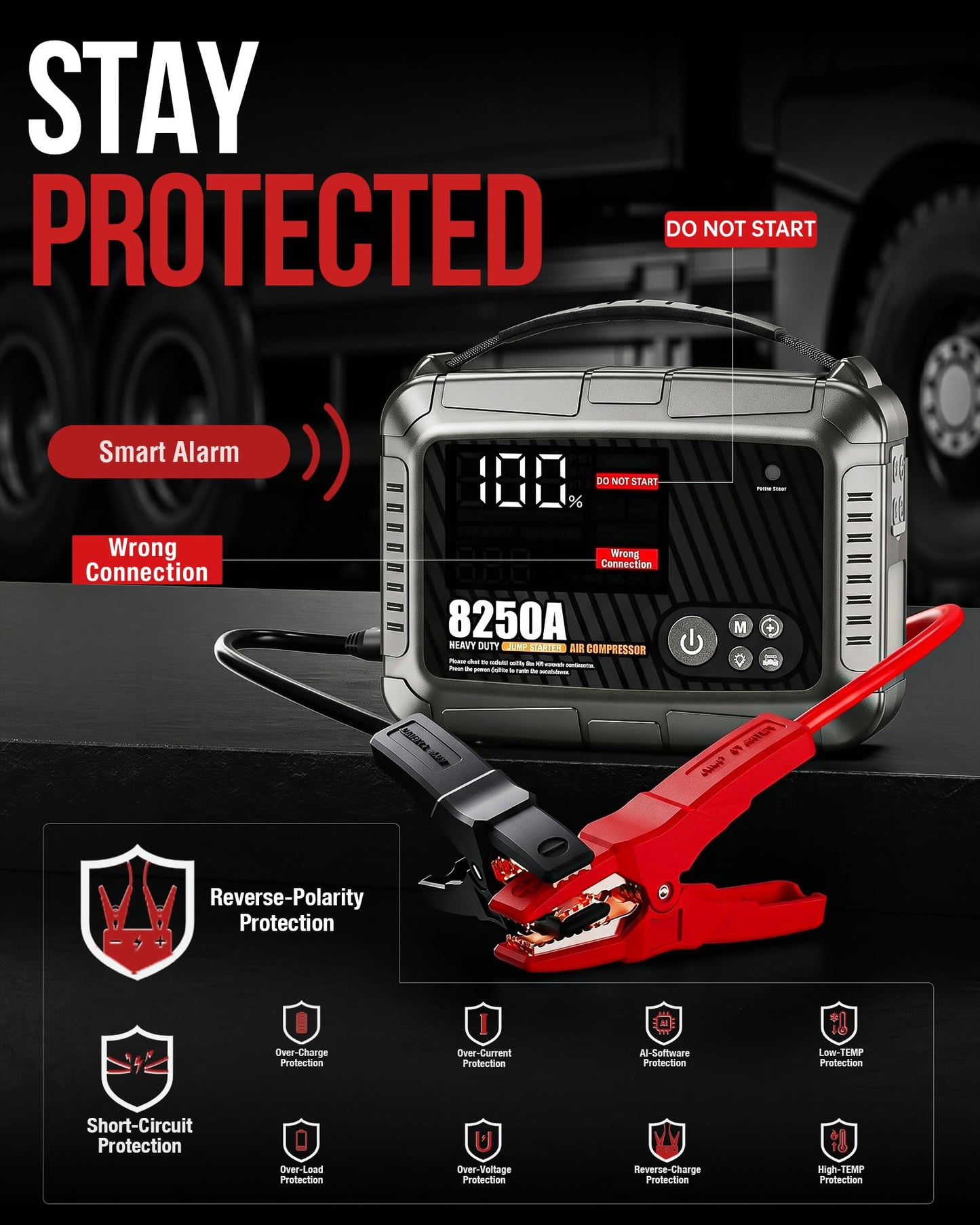 JFEGWO 8250A Heavy Duty Jump Starter with Air Compressor, 32000mAh 65W Fast Charging Portable Car Battery Booster Power Pack (for All Gas 12L Diesel), 150 PSI Tire Inflator, HD Display 12V Jump Box